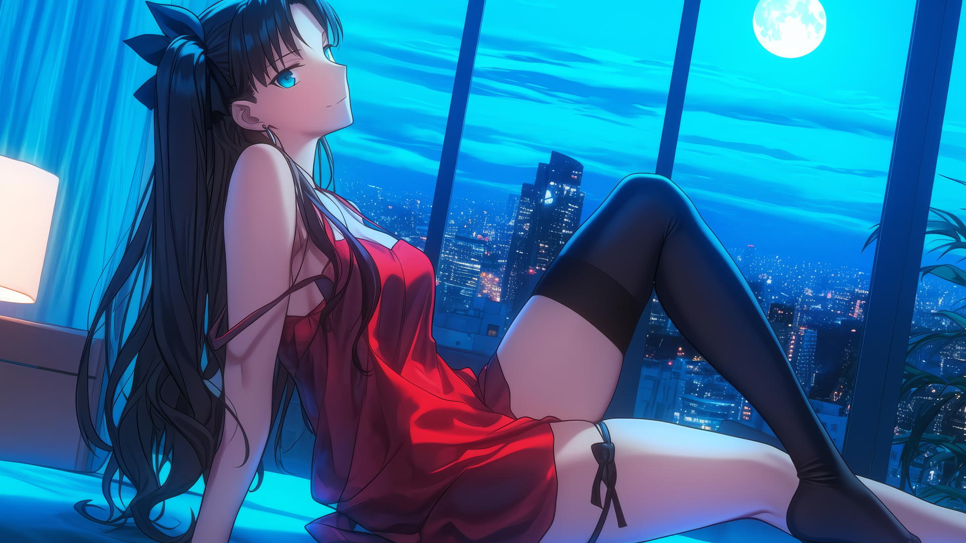 Rin Tohsaka backlit by moonlight in a modern hotel room