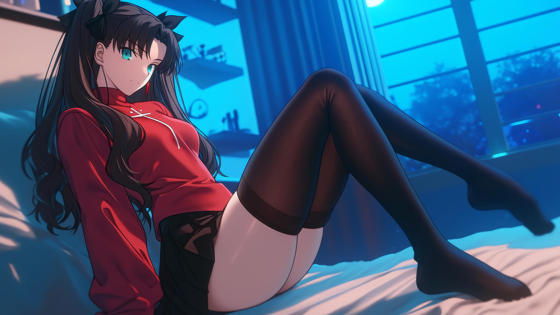 Rin Tohsaka lying in a modern hotel room, moonlight on her back and legs