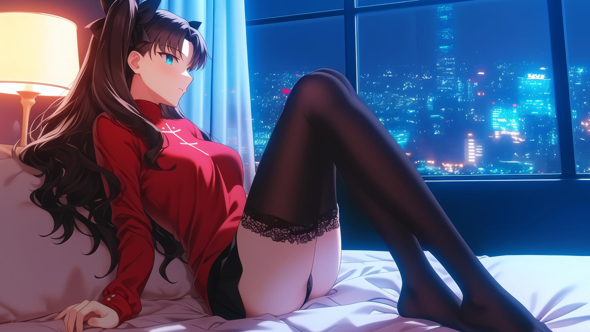 Rin Tohsaka lying in a modern hotel room, moonlight on back and legs.