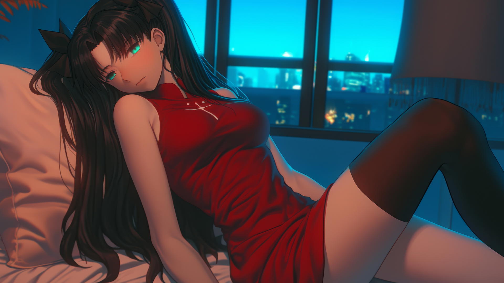 Rin Tohsaka from Fate/stay night resting in a modern hotel room with moonlight glow