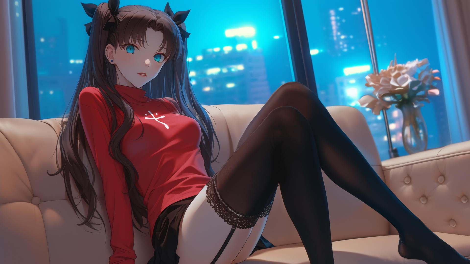 Rin Tohsaka from Fate/stay night resting in a modern hotel room with moonlight glow