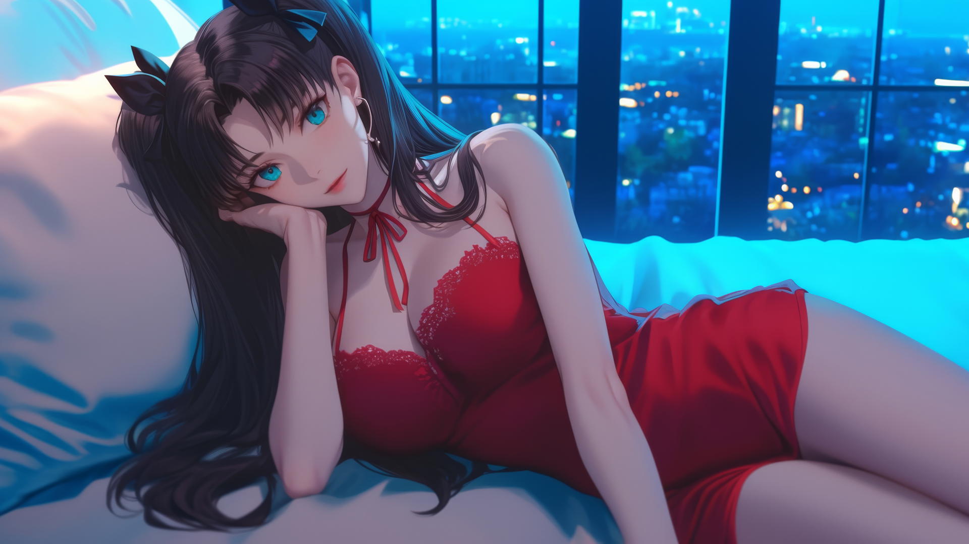 Rin Tohsaka from Fate/stay night resting in a modern hotel room illuminated by moonlight