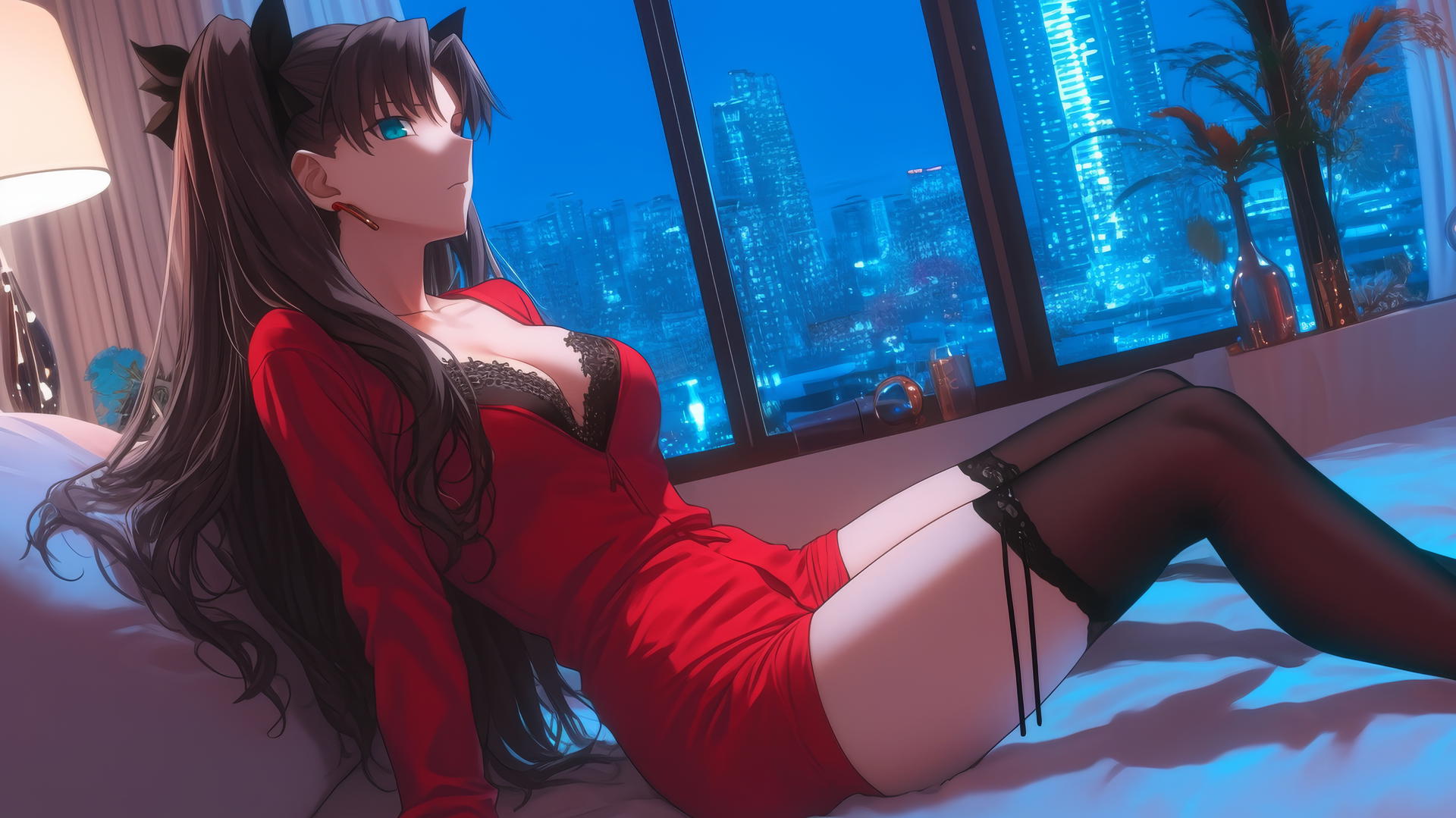 Rin Tohsaka from Fate/stay night resting in a moonlit modern hotel room