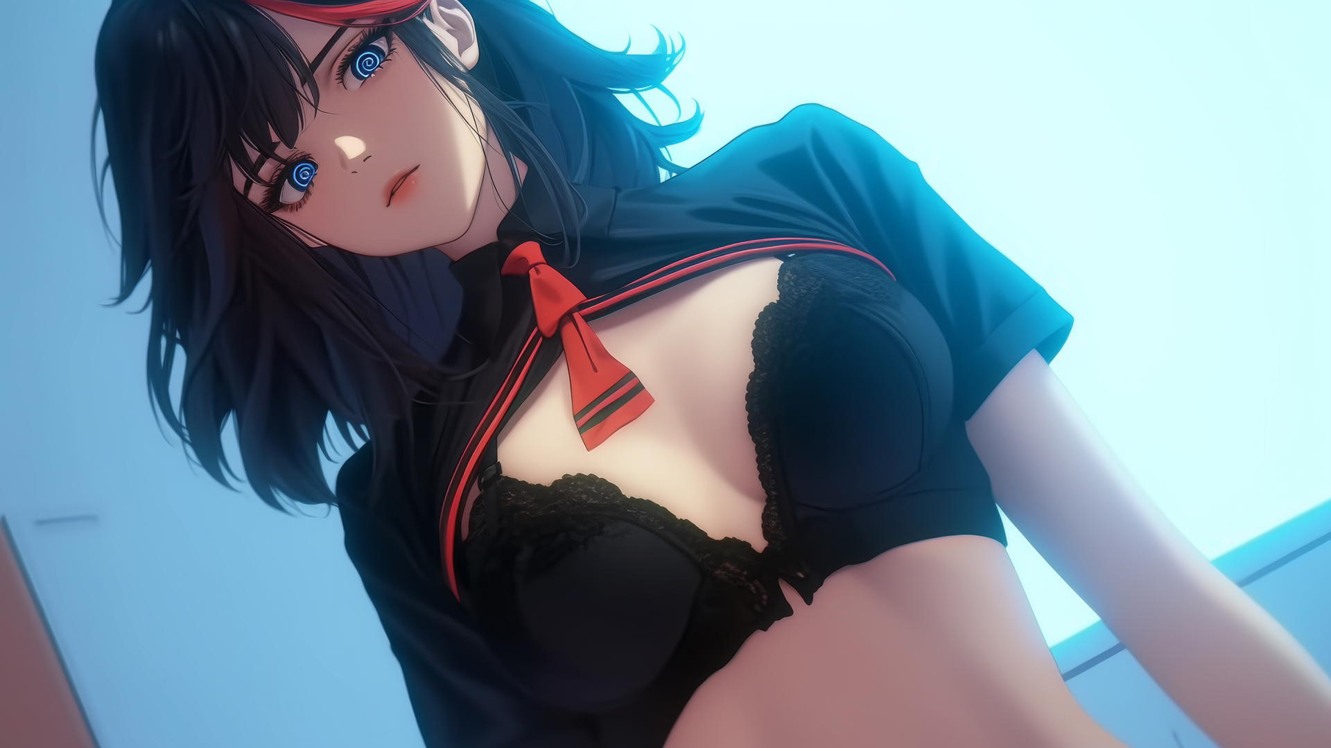 Ryuko Matoi kneeling and leaning with a red streak in black hair, peculiar blue eyes with gear-shaped pupils from below view.