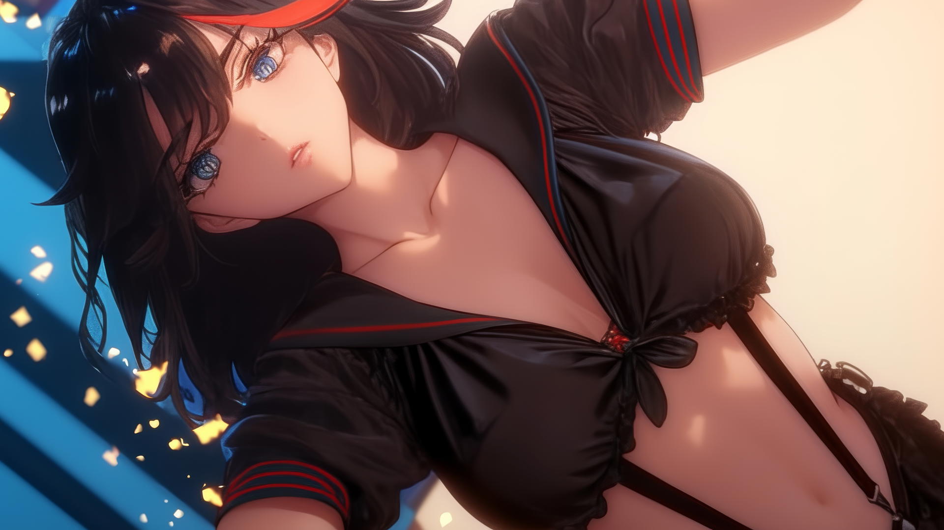Ryuko Matoi kneeling and leaning with red streak and gear-shaped pupils, warm glow.