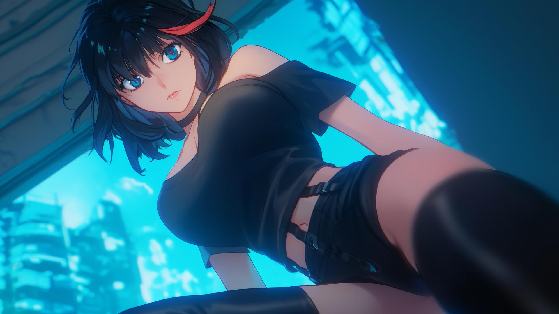 Ryuko Matoi kneeling, leaning forward with single red streak on bangs, viewed from below