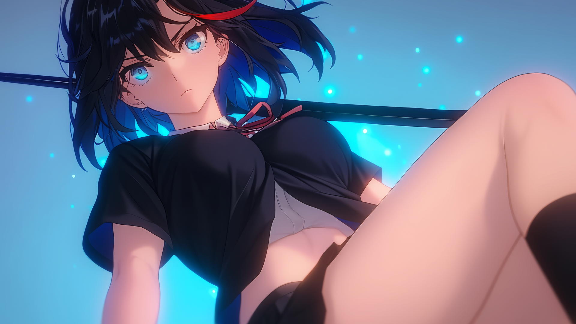 Ryuko Matoi kneeling and leaning forward with red streak in black hair, blue gear-shaped pupils, under warm light