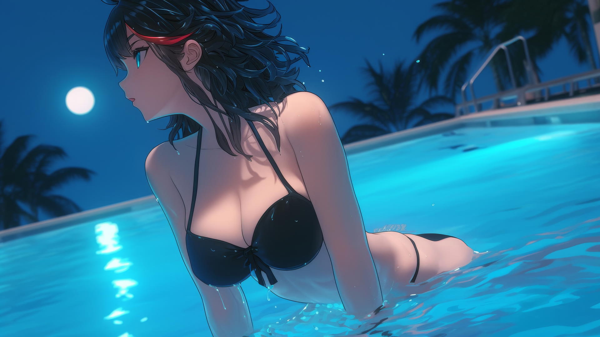 Ryuko Matoi jumps out of the swimming pool under moonlight with her black and red hair.