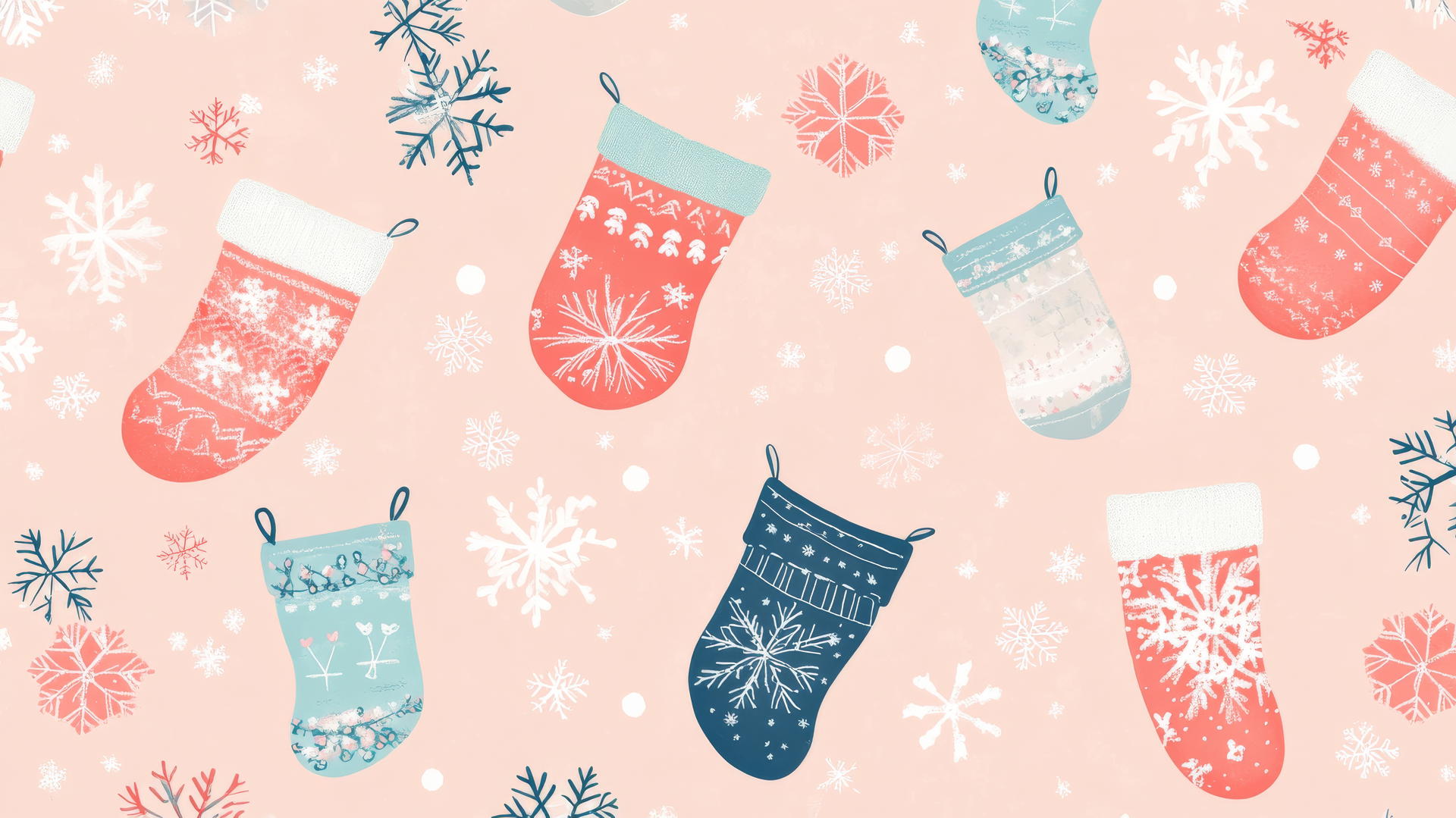 Pastel stockings and snowflakes on a soft pink background