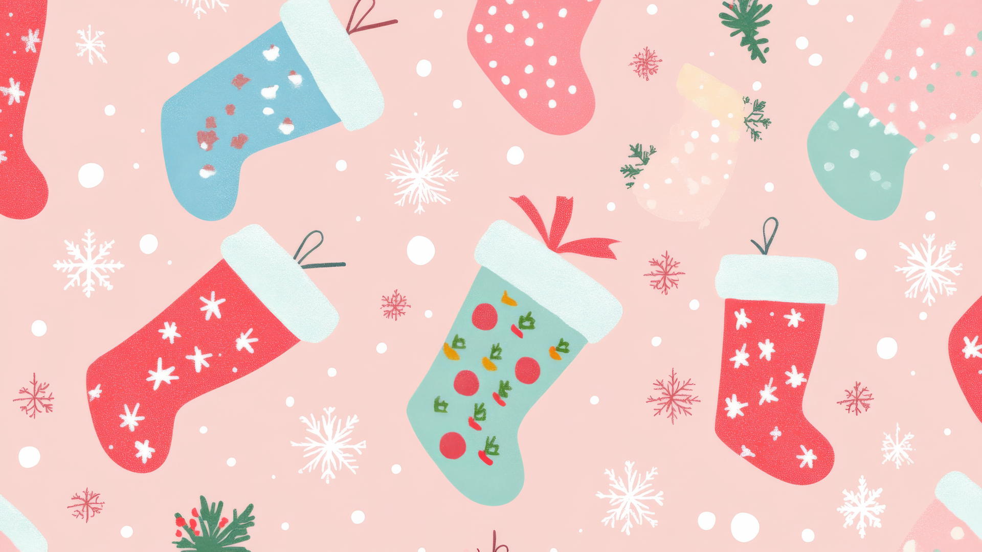 preppy Christmas design with stockings and snowflakes on soft pink