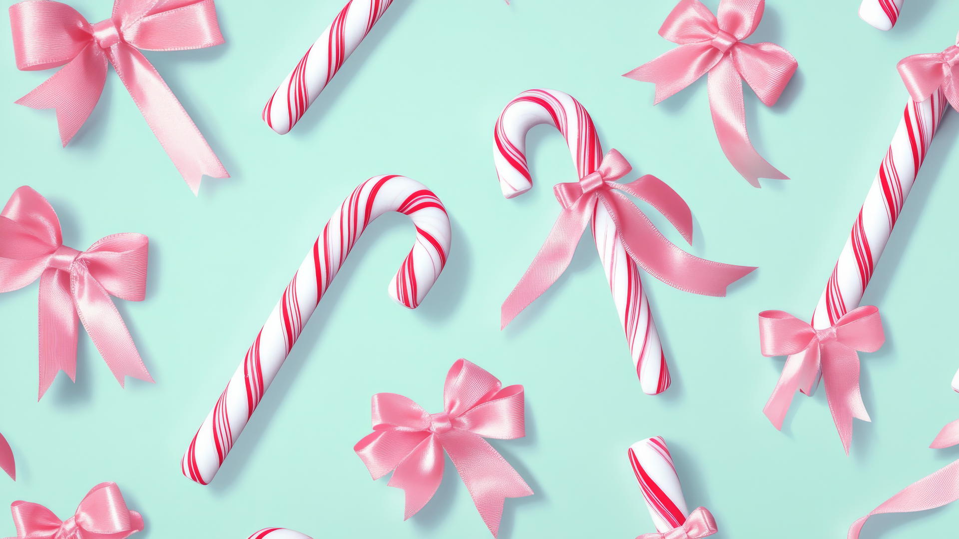Cute preppy Christmas wallpaper with candy canes and pink ribbons on mint green background