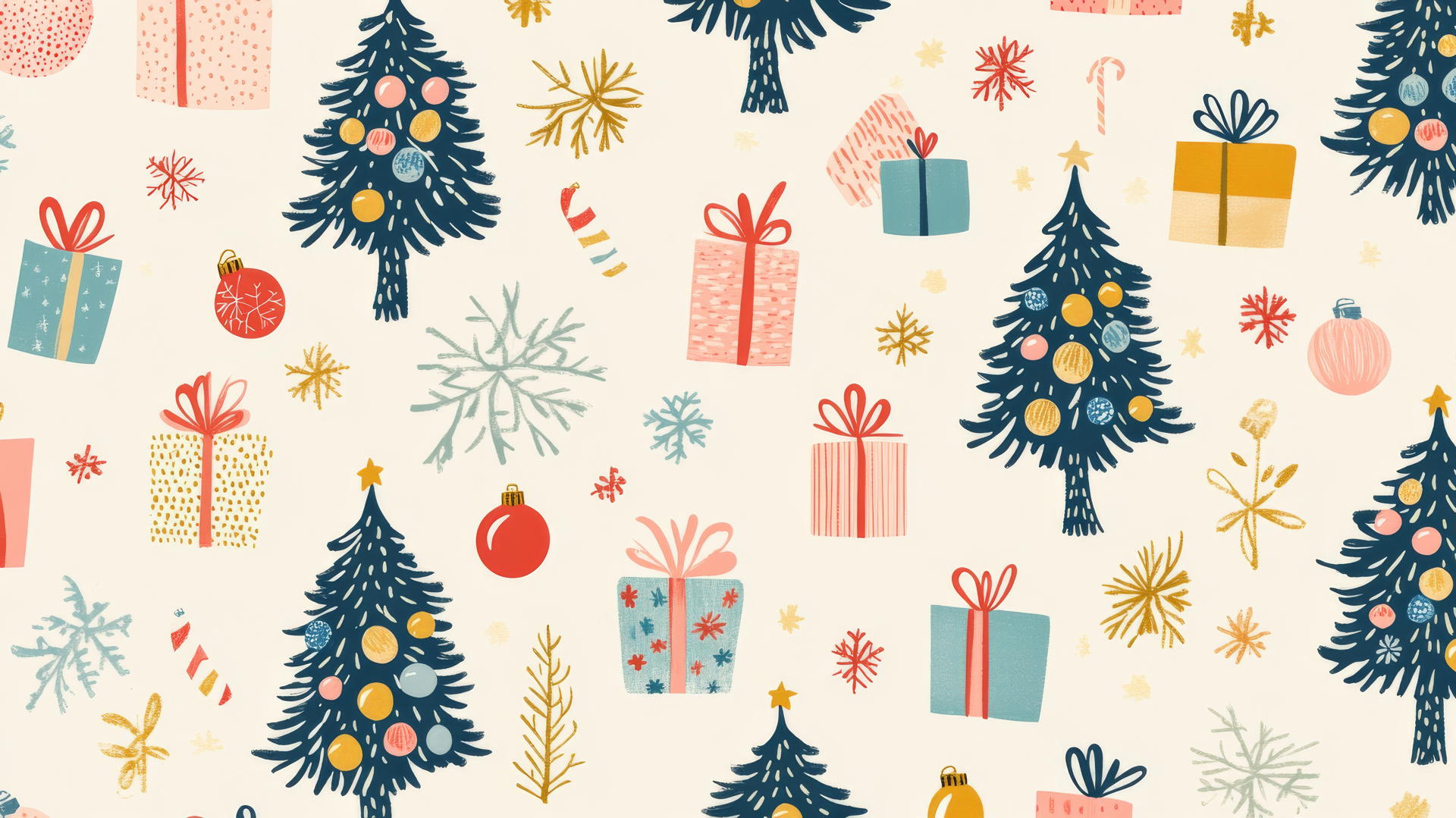 cute preppy Christmas wallpaper with colorful ornaments and presents on cream background