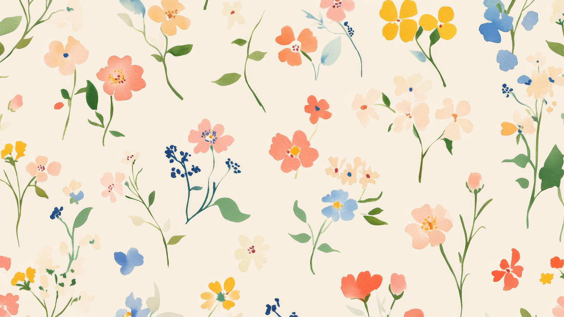 Preppy wallpaper of small colorful flowers on a cream background in watercolor style