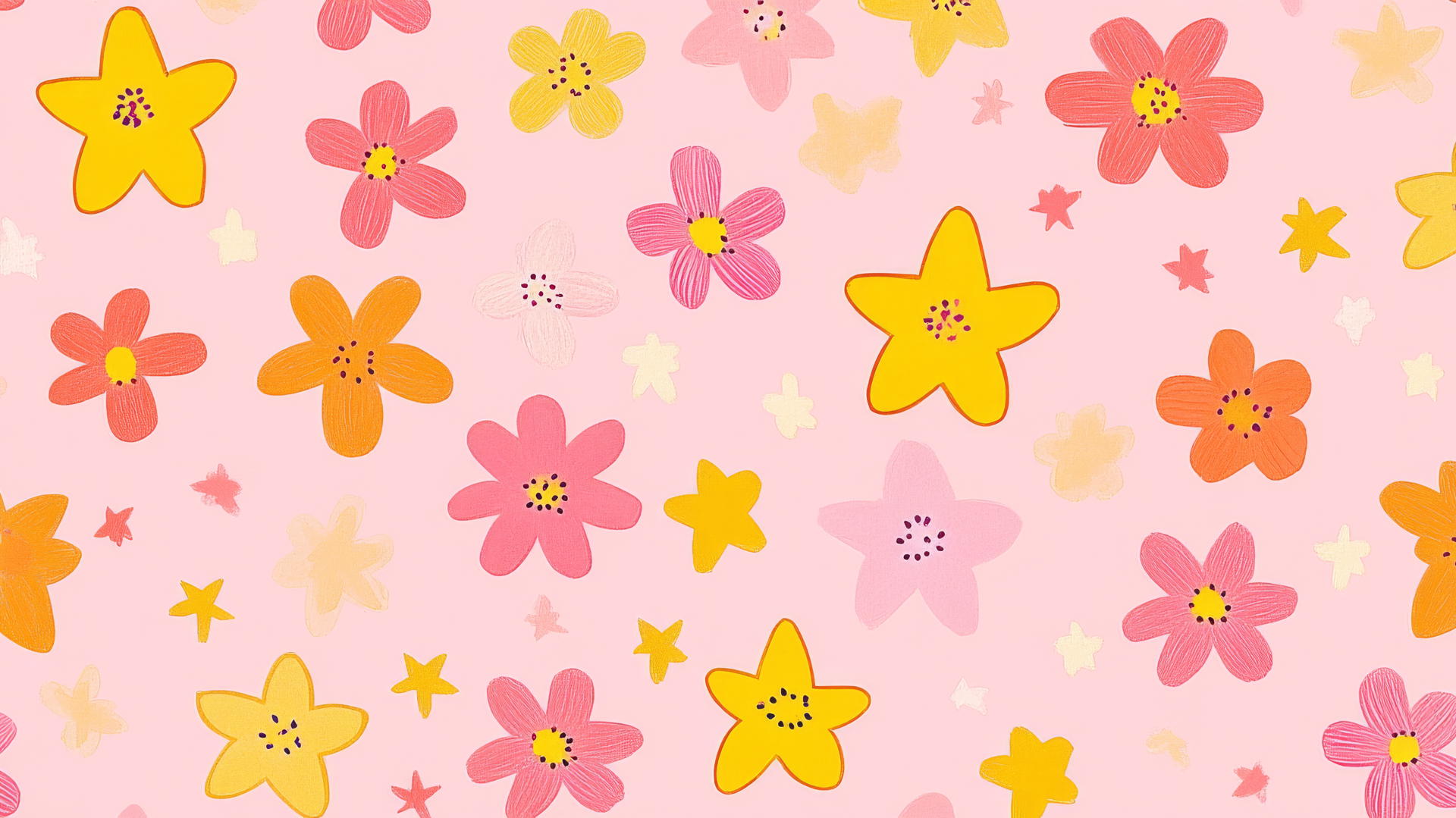 pink preppy wallpaper with hand-drawn stars and flowers in pink, yellow, and orange on pastel pink background