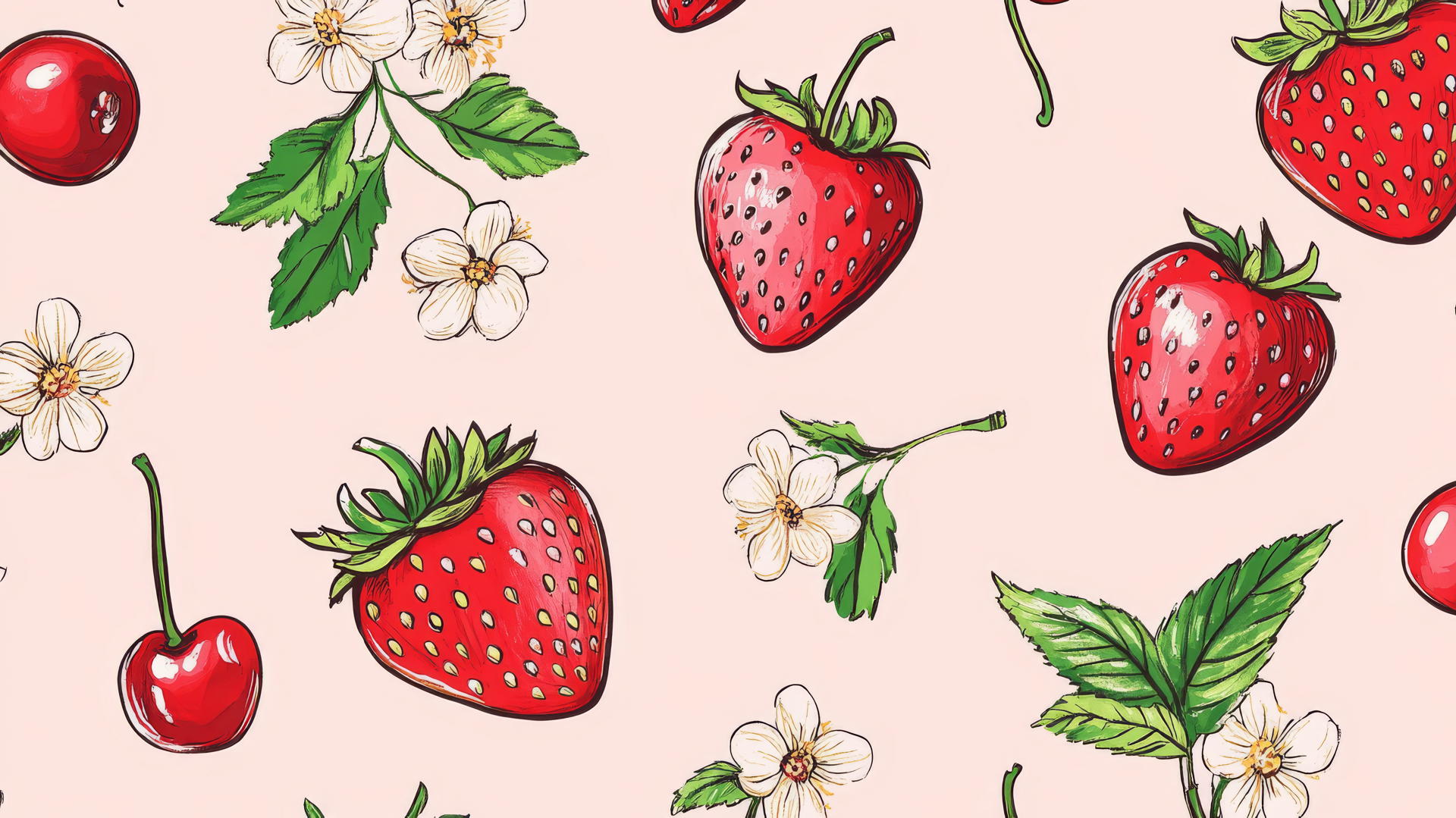 Preppy wallpaper with cute doodles of strawberries, cherries, and flowers on a light pink background.