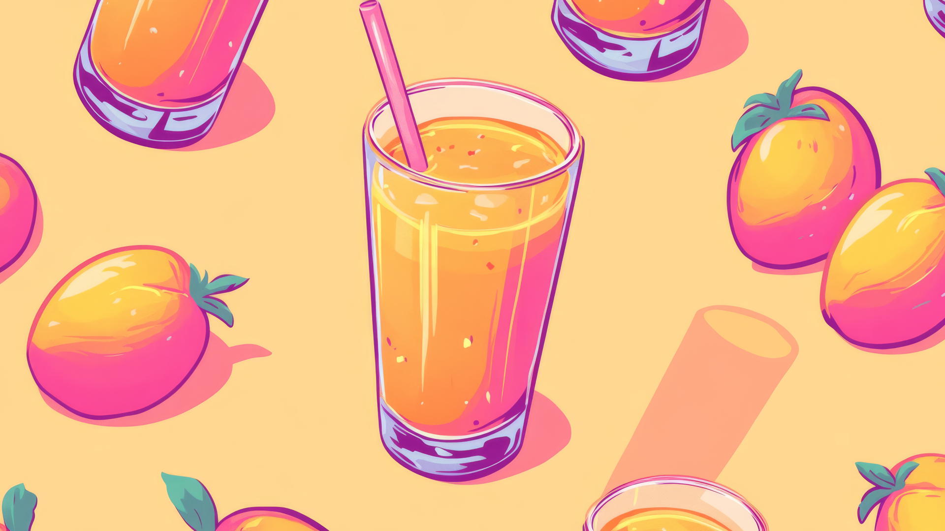 8-bit pixel art of peach juice and glass in orange, pink for a preppy wallpaper