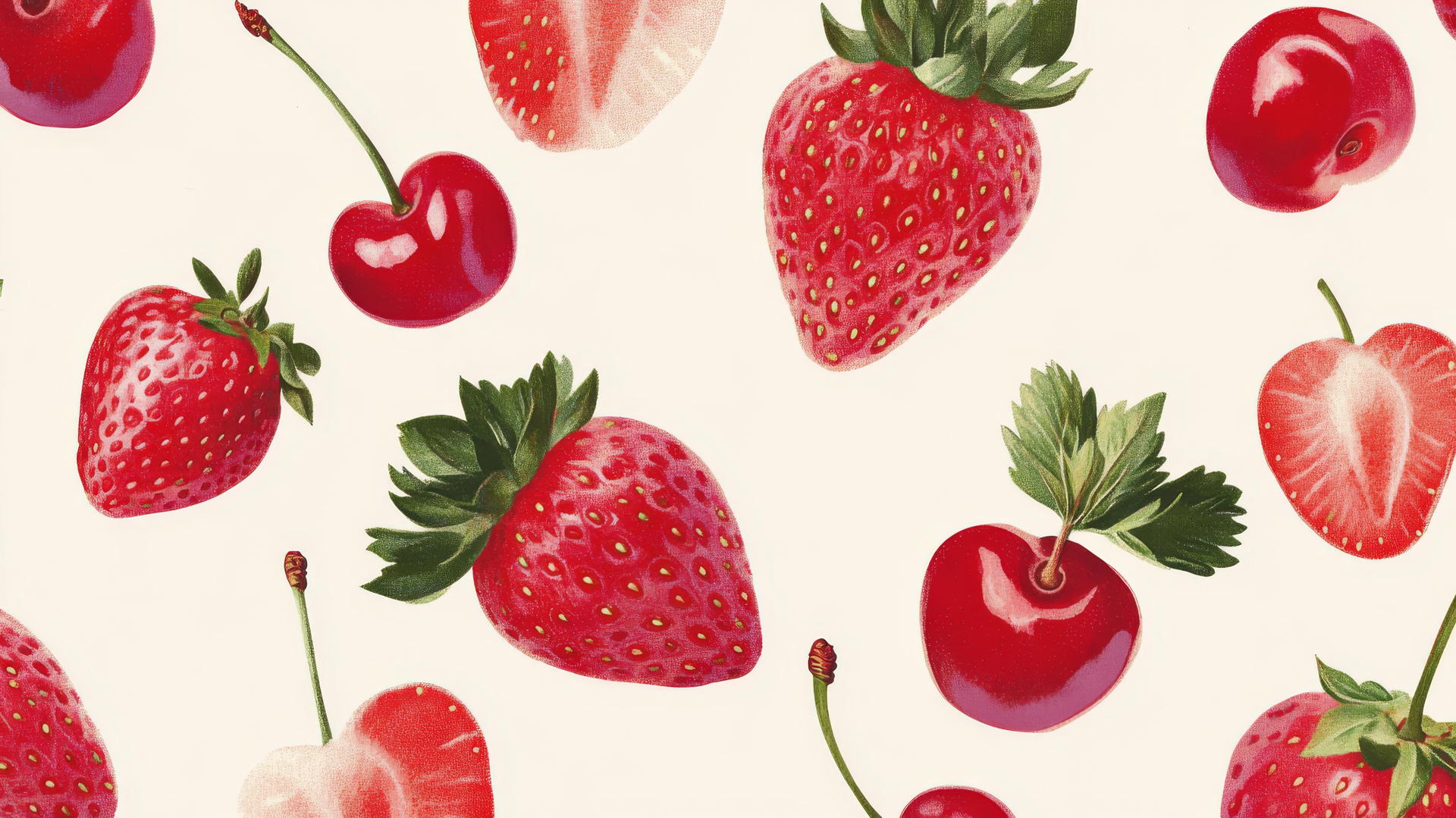 preppy wallpaper with strawberries and cherries on cream background