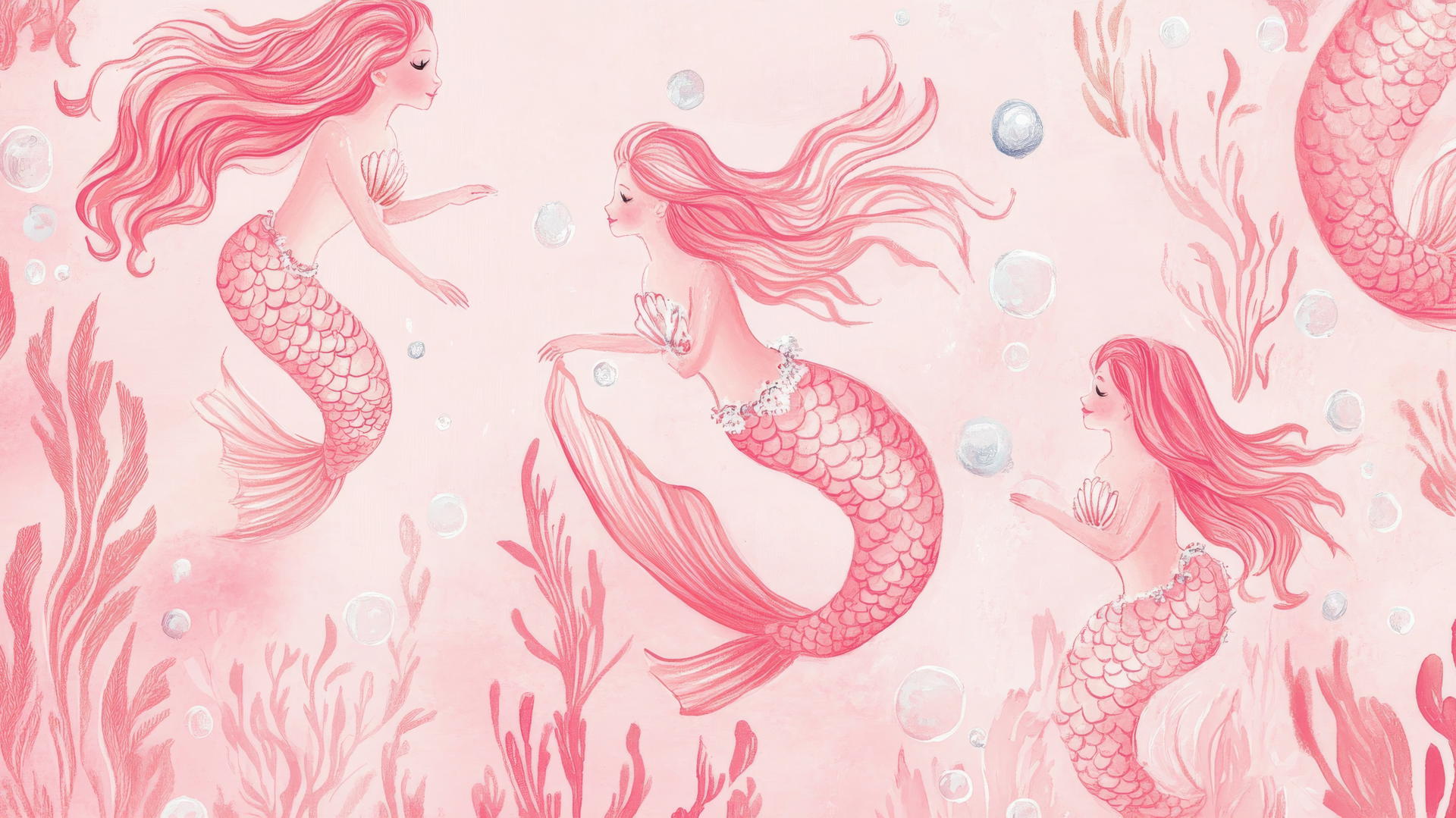 preppy wallpaper pink with whimsical pink mermaids, seashell accessories, seaweed, and bubbles on a pastel pink background