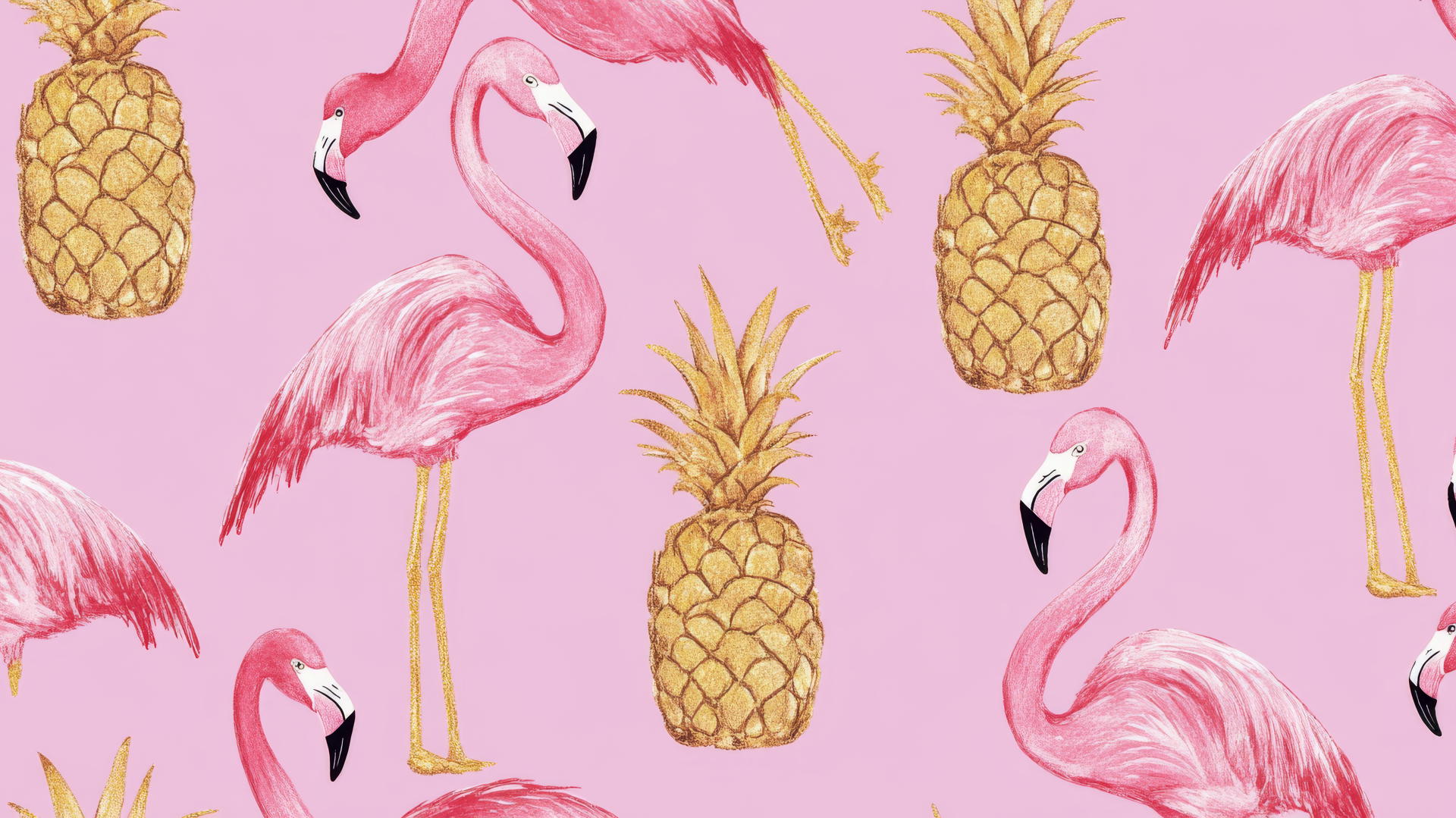 Preppy wallpaper pink with flamingos and pineapples
