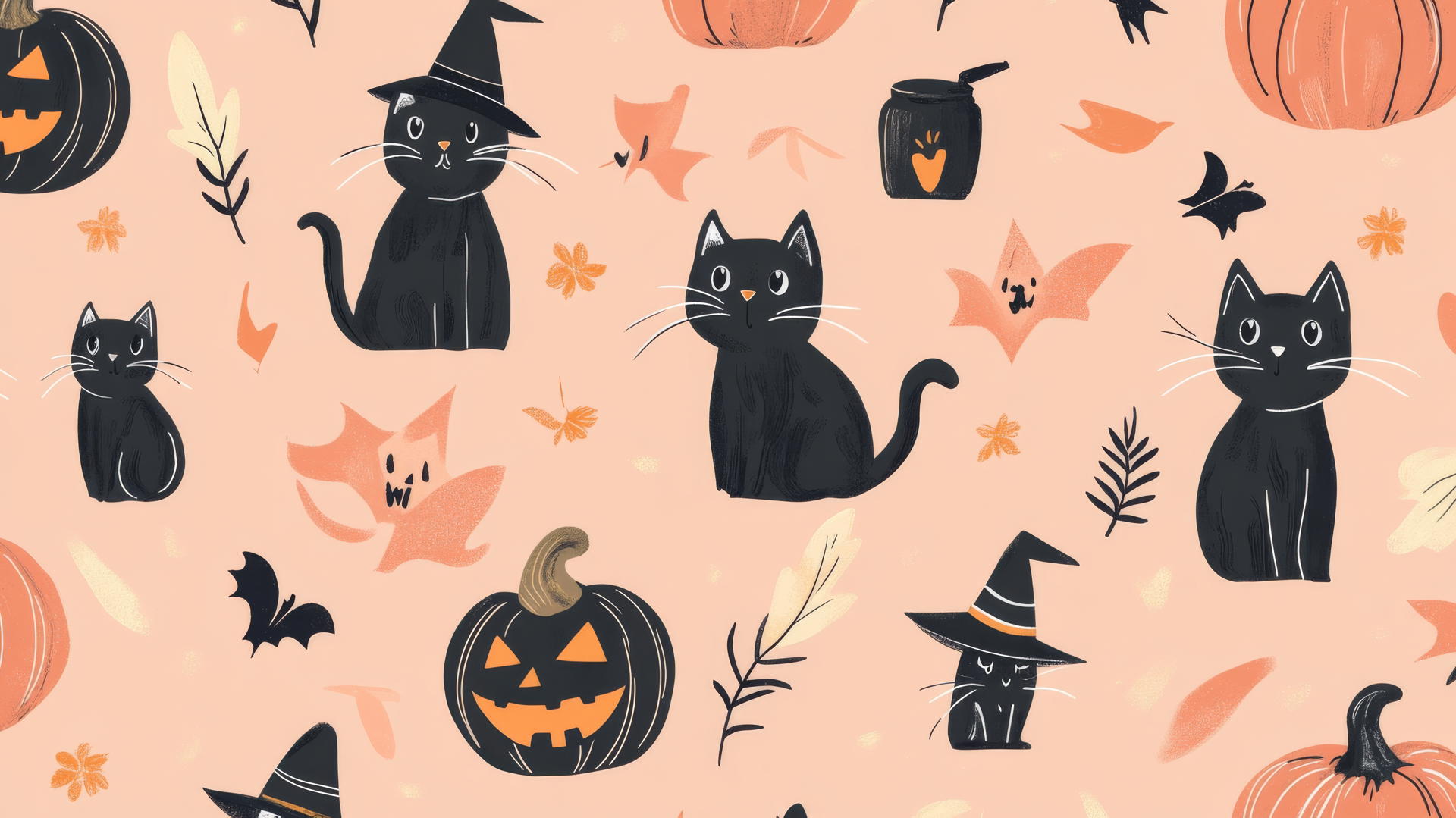 halloween wallpaper preppy with cute black cats, pumpkins, and witch hats on a pastel peach background