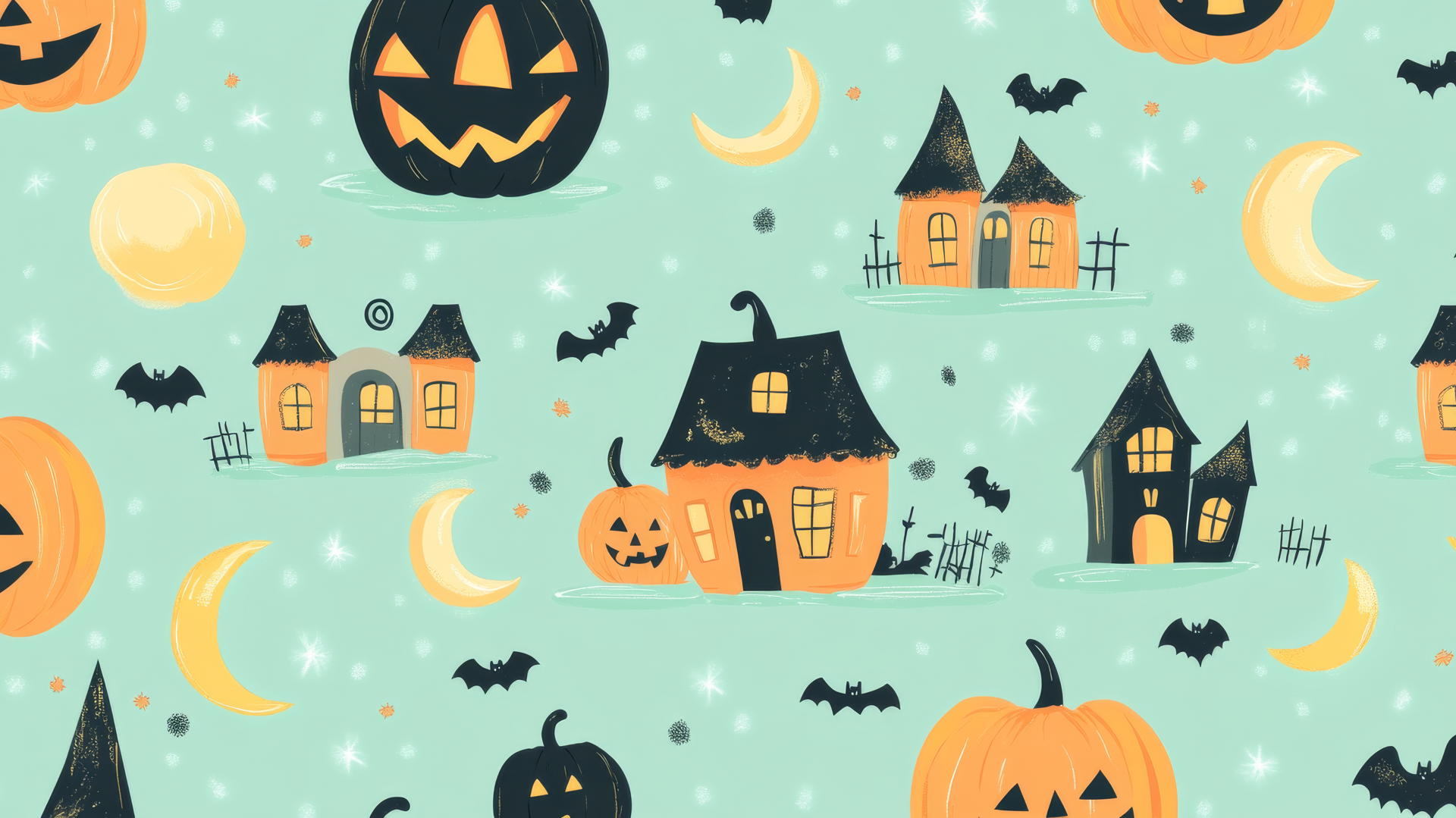 halloween wallpaper preppy with playful pumpkins, haunted houses, and crescent moons on pastel mint green background