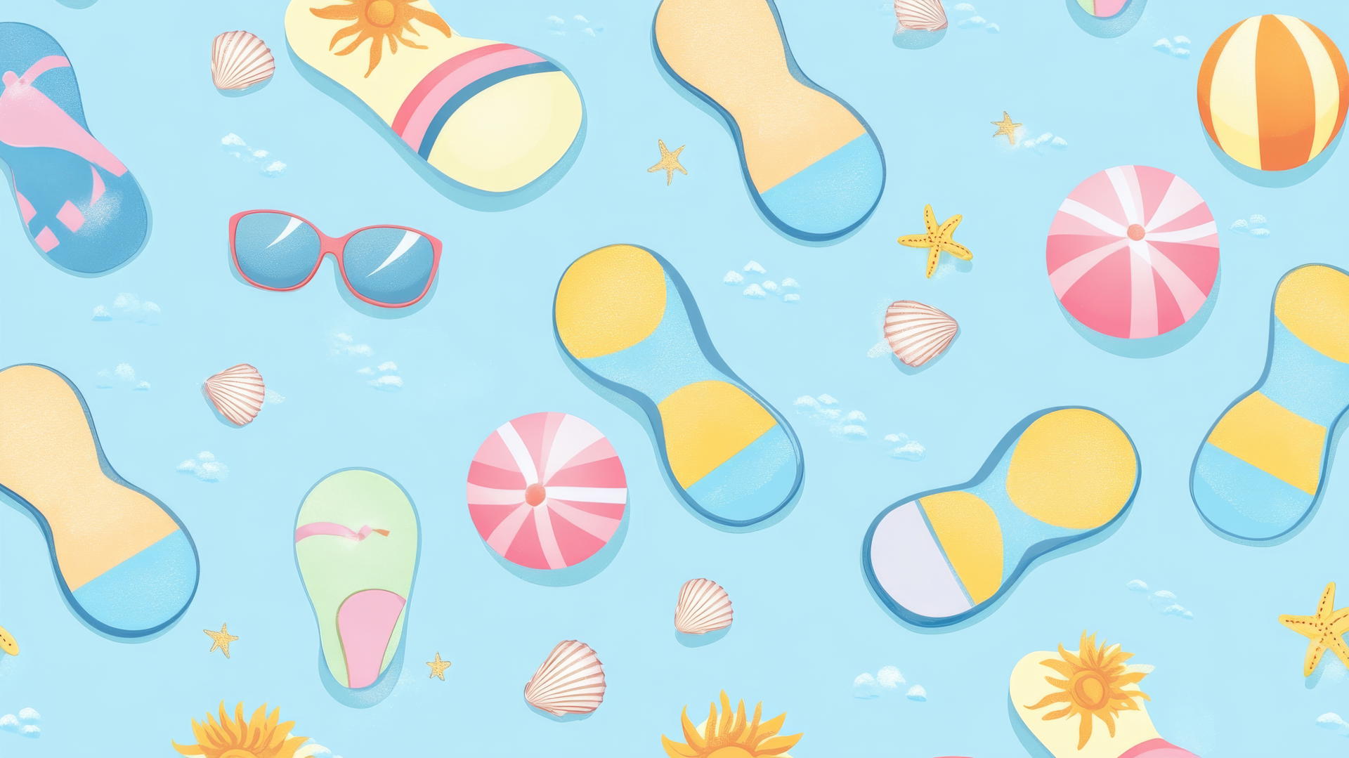 preppy summer wallpaper with pastel-colored flip-flops, beach balls, sunglasses, sun icons, and seashells on a light blue background