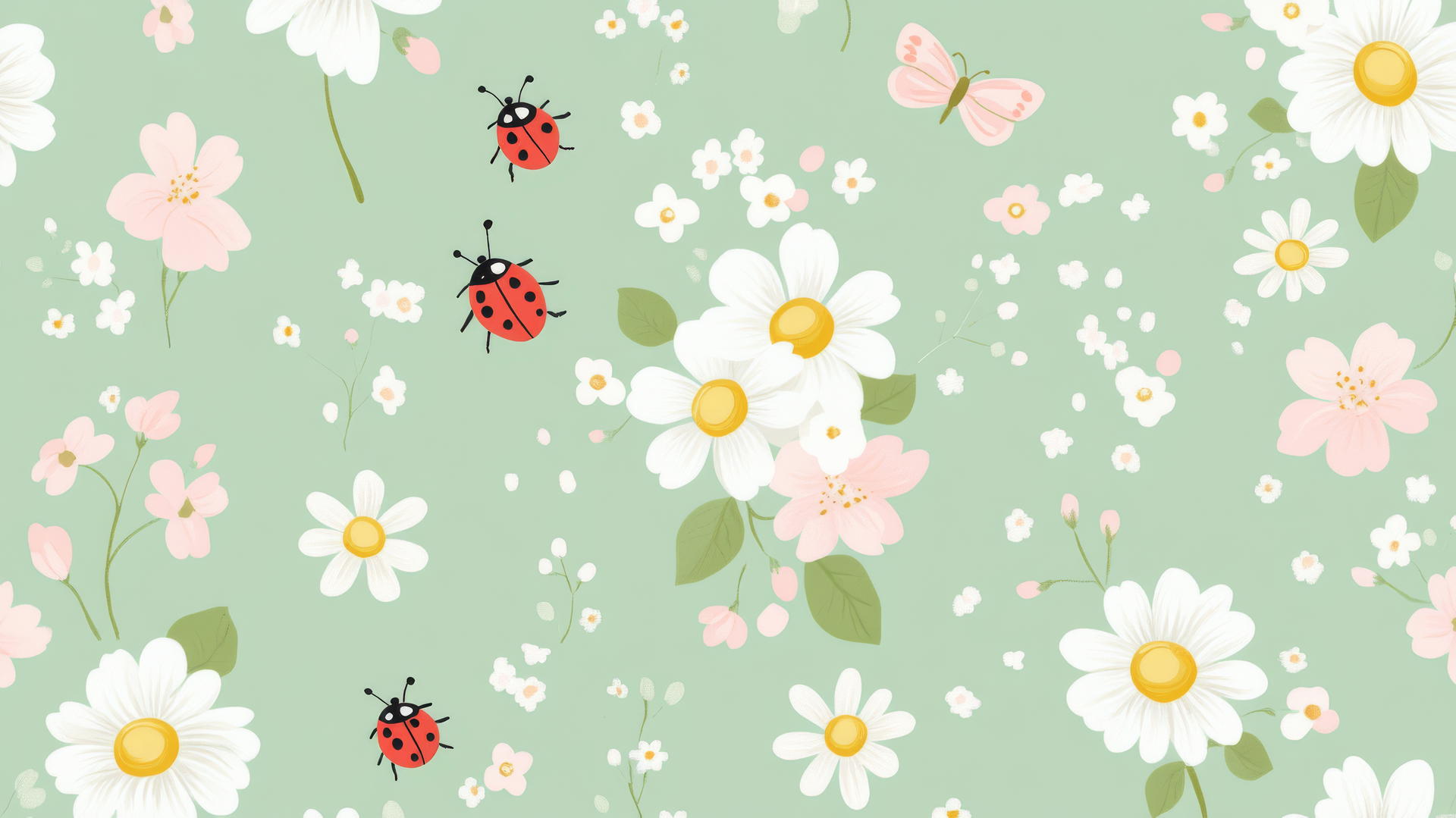 Preppy spring wallpaper with cherry blossoms, daisies, ladybugs, and butterflies on pastel mint green