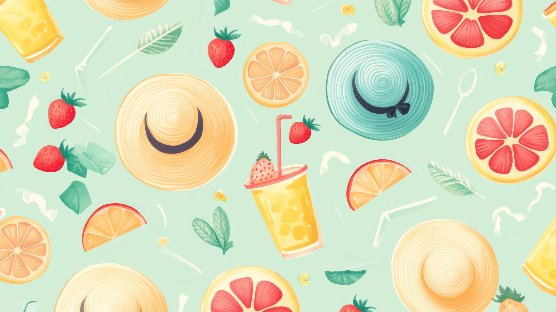 Preppy beach wallpaper with lemonade stands, fresh fruit, beach hats, small chairs, and umbrellas on light green background.