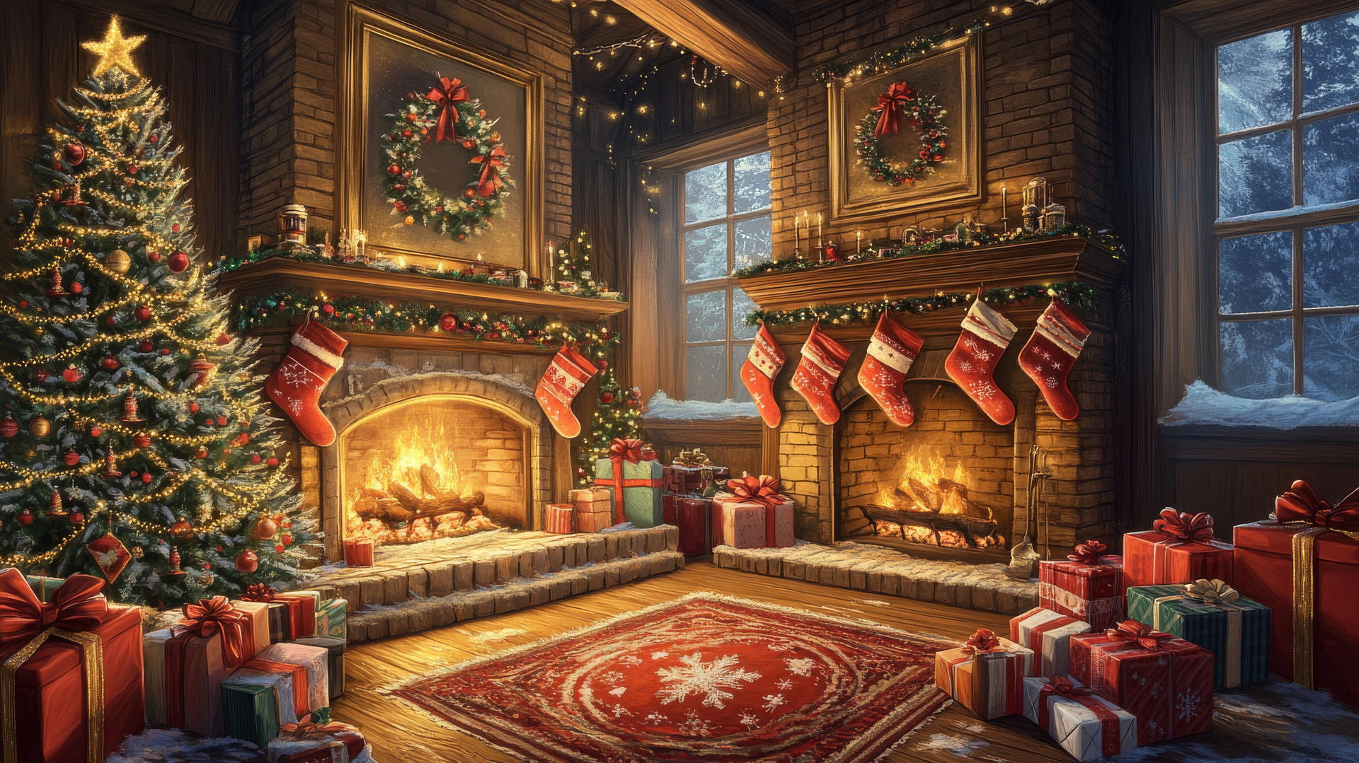 Cute wallpapers for Christmas with tree, presents, cozy fireplace.