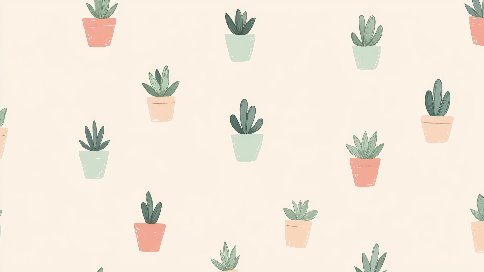 cute aesthetic wallpapers with hand-drawn succulents and cacti in pastel pots