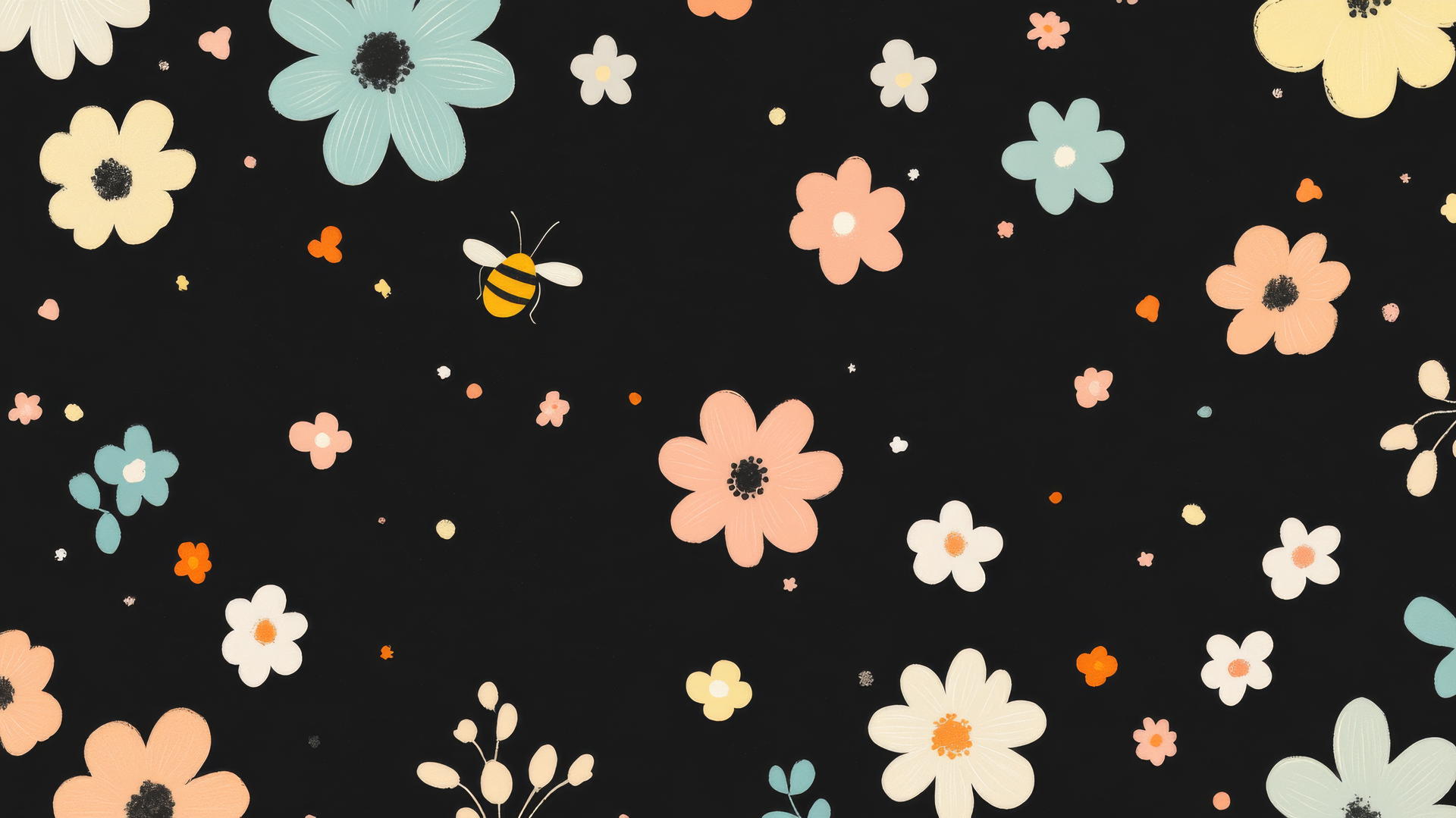black cute wallpaper with tiny pastel flowers and a cartoon bee