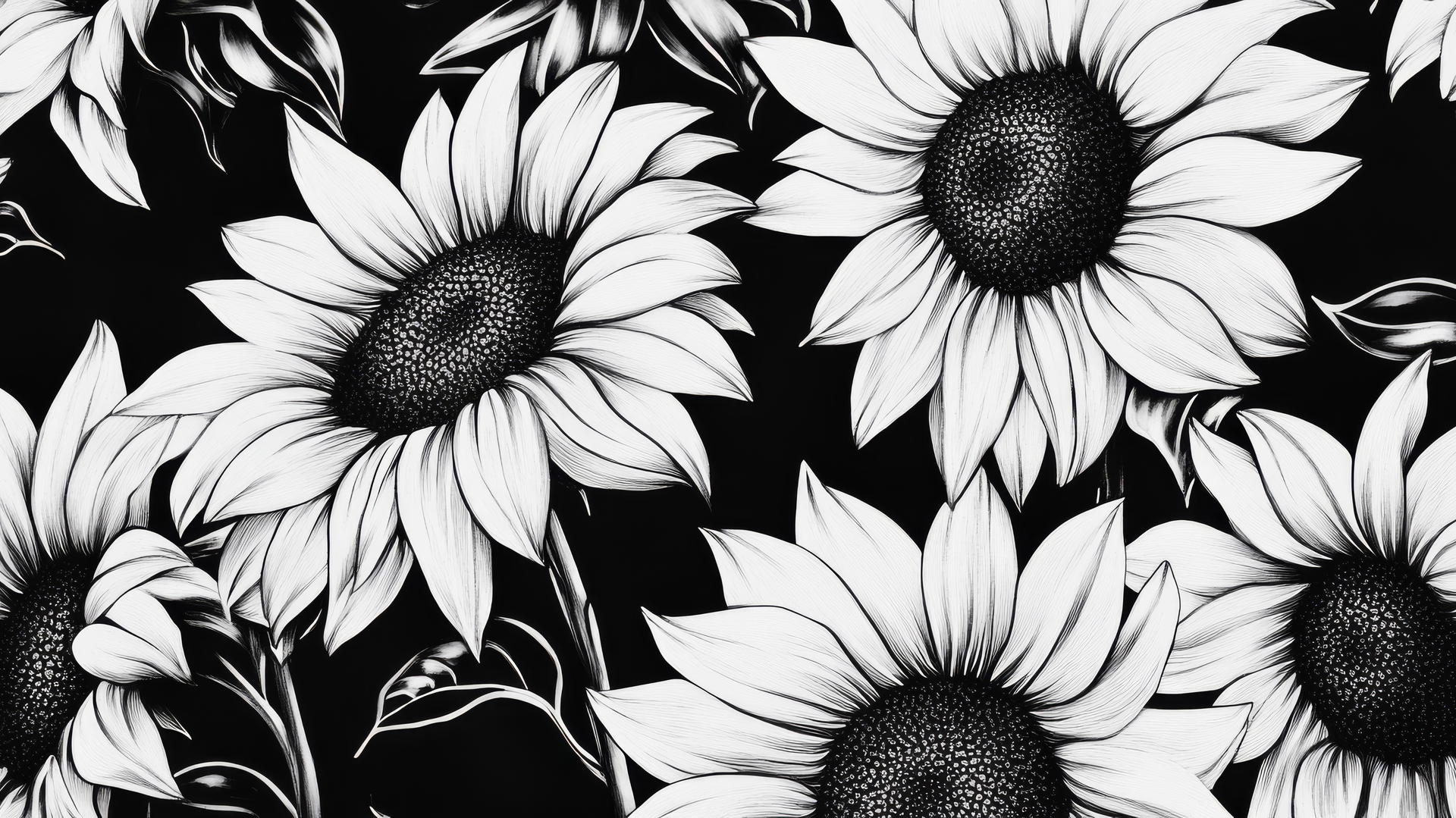 black and white floral wallpaper with bold graphic lines of sunflowers turning towards the sun