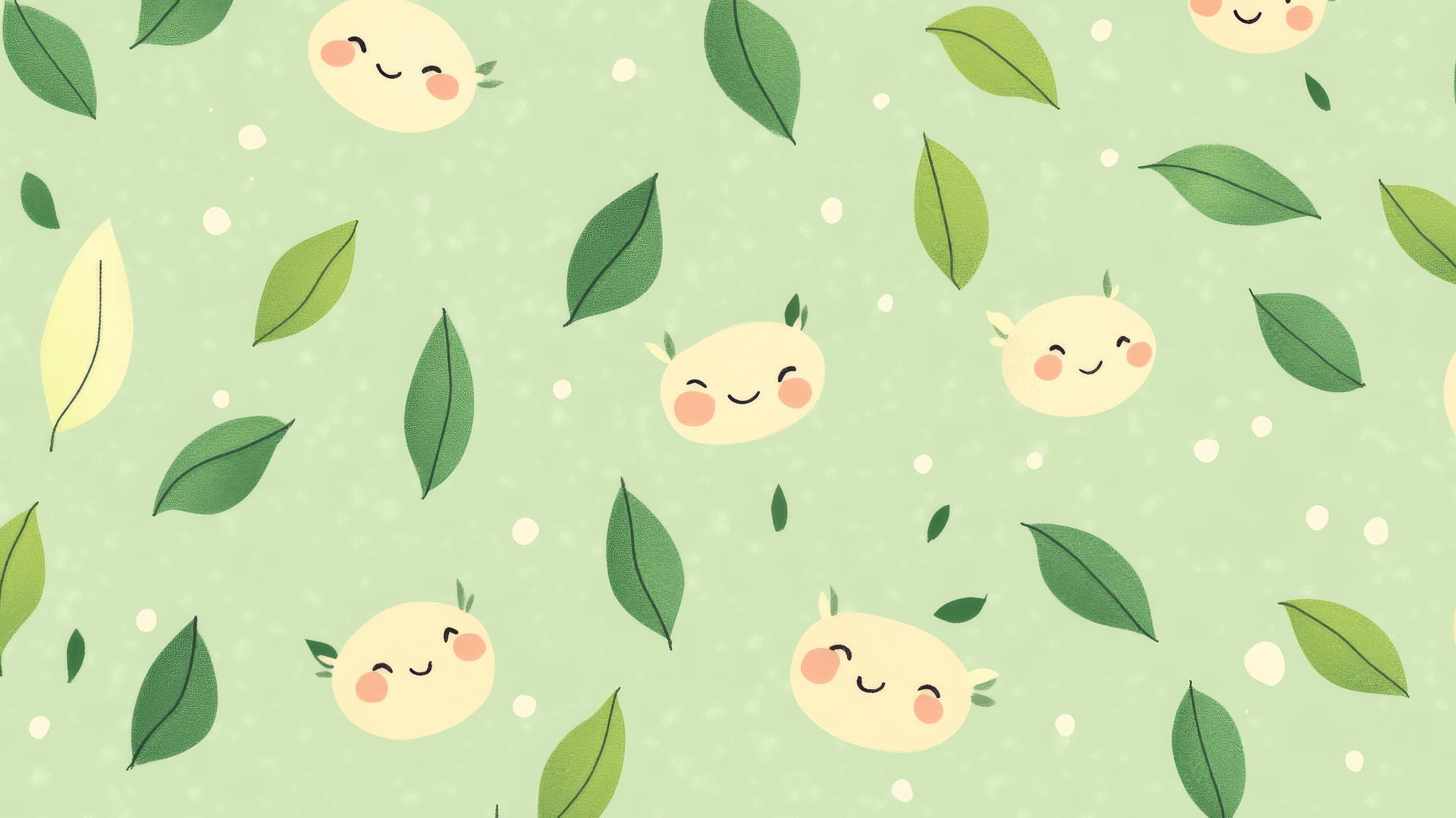 cute green wallpaper with tiny, smiling leaves and blushing cheeks on a pastel green background