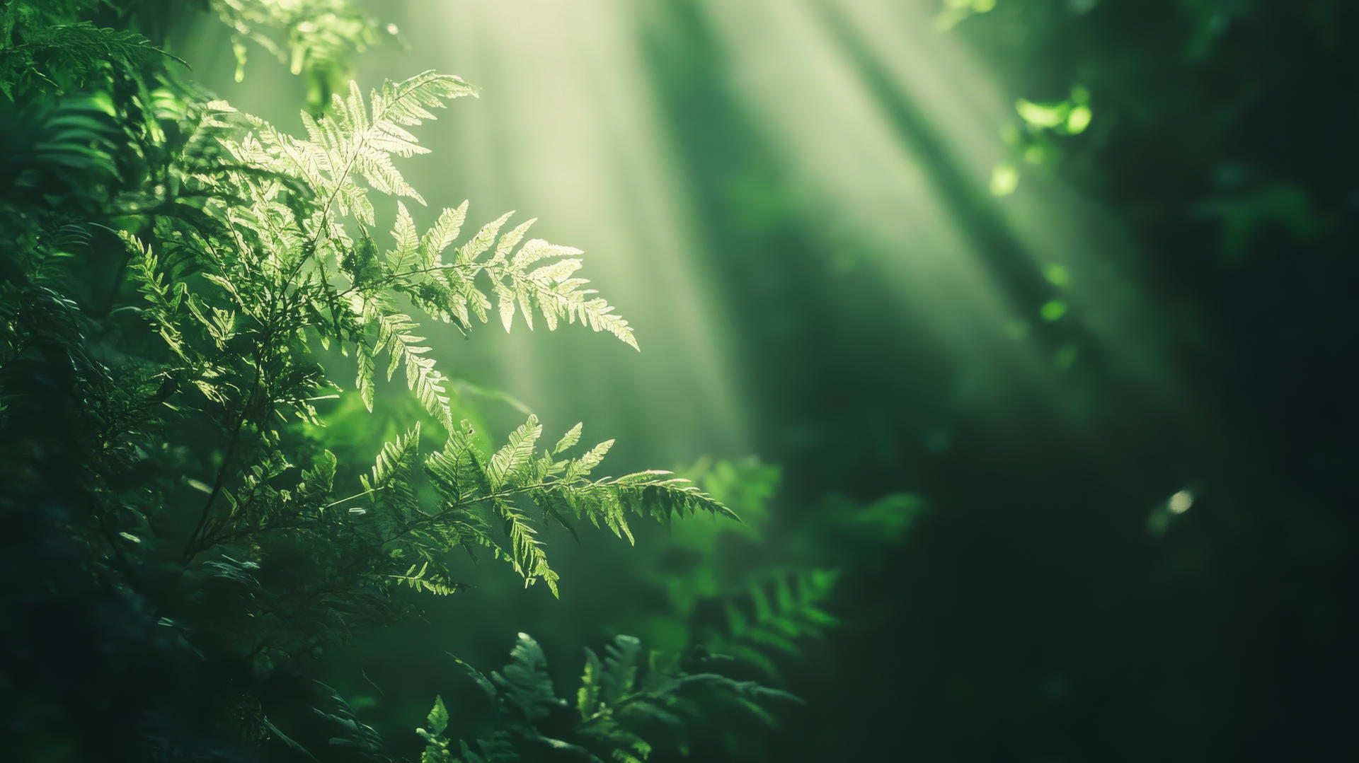 Aesthetic green wallpaper with a soft-focus photograph of a lush forest and sunlight rays.