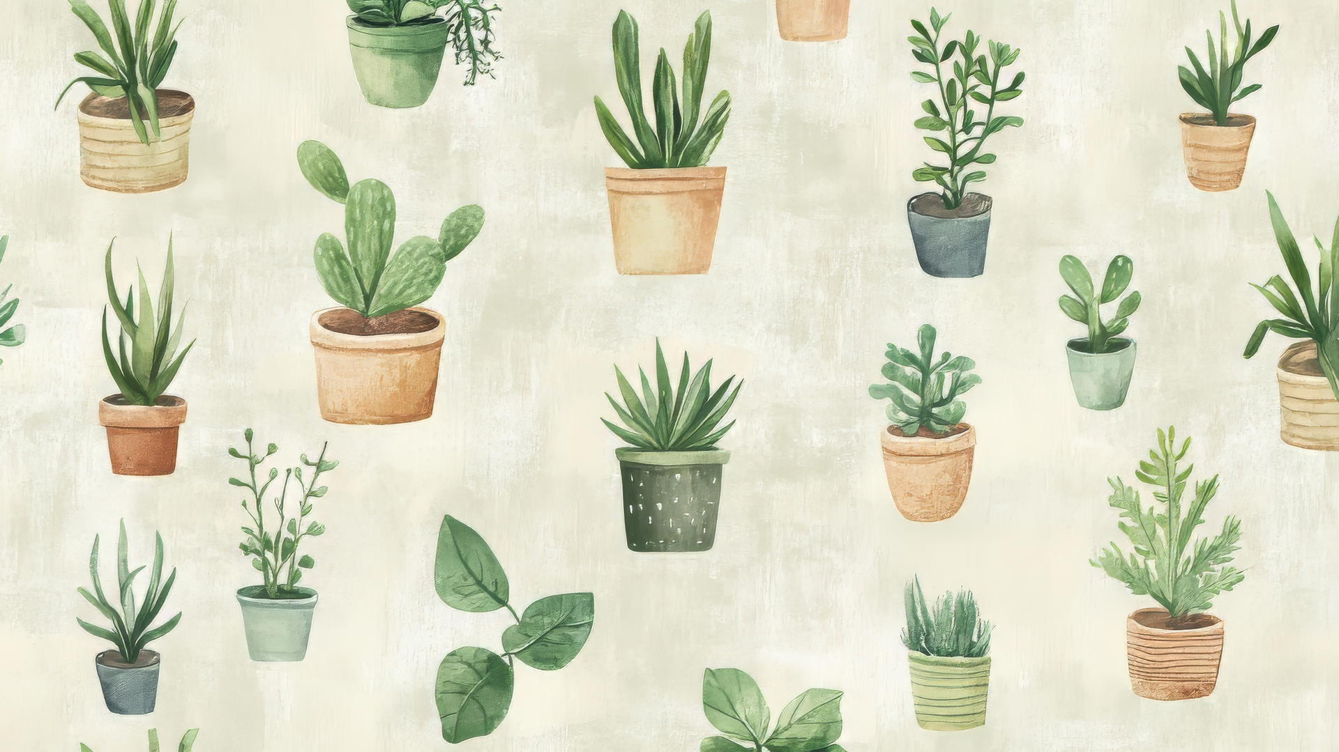 whimsical sage green aesthetic wallpaper with hand-drawn houseplants and succulents