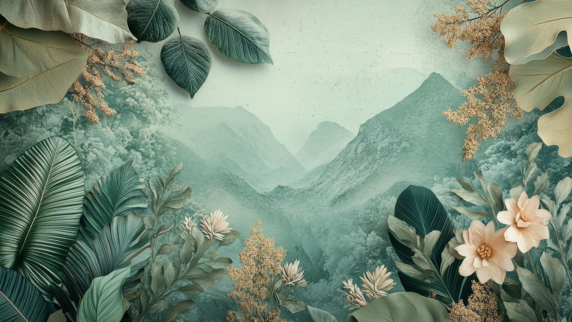 Dreamy green aesthetic wallpaper with nature collage
