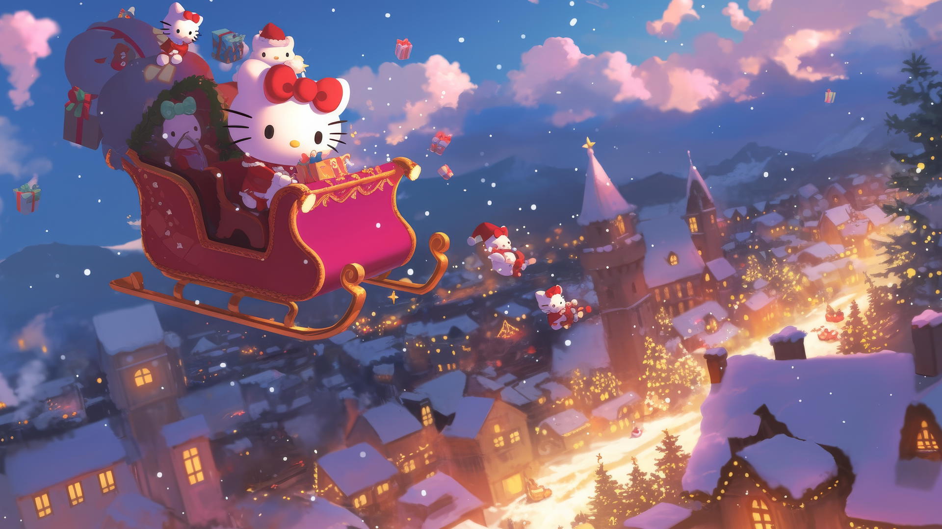 hello kitty christmas wallpaper with Hello Kitty in a pink sleigh, flying over a snowy pink village