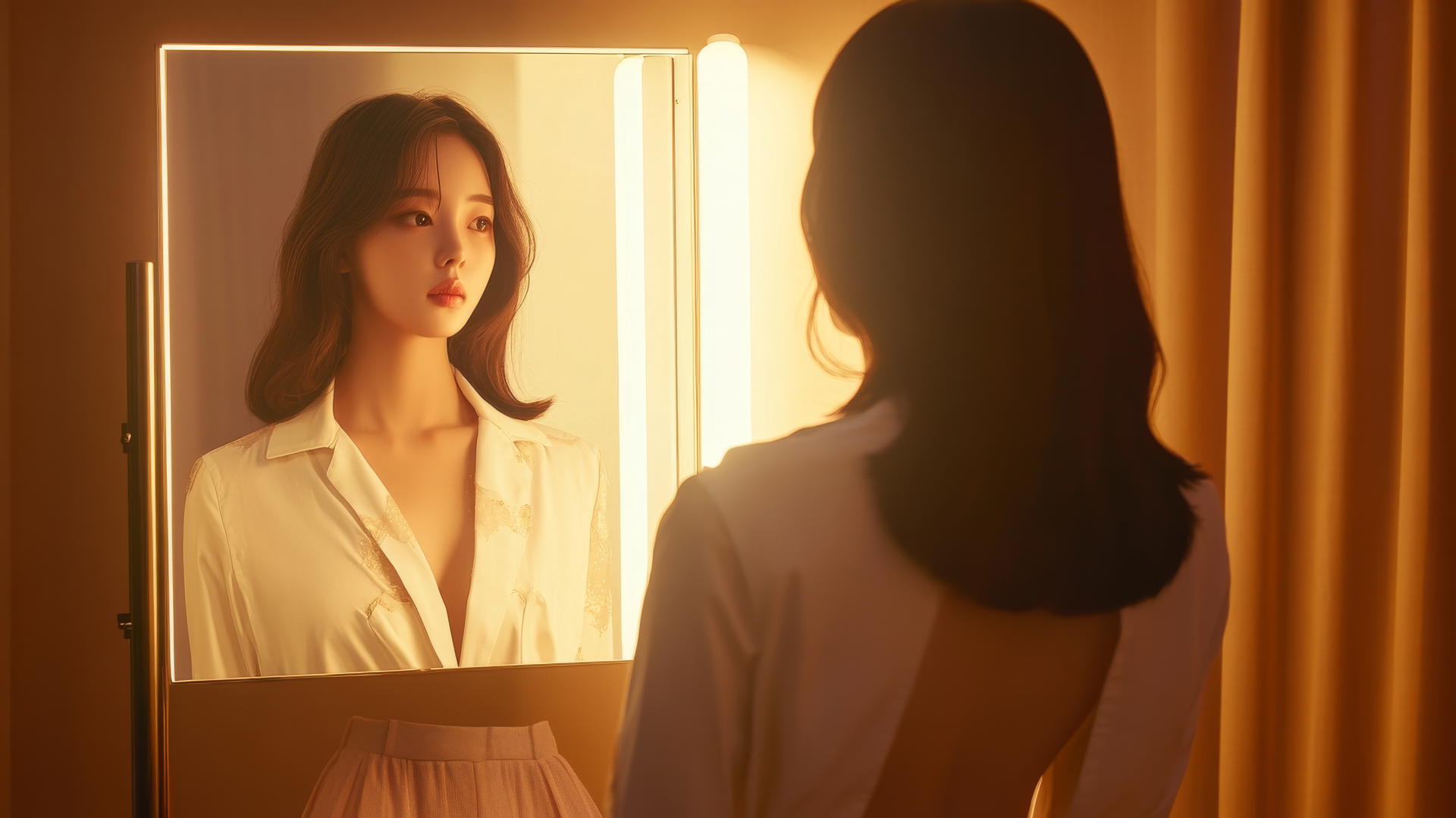 K-pop star girl in dressing room with broken white shirt, looking at reflection