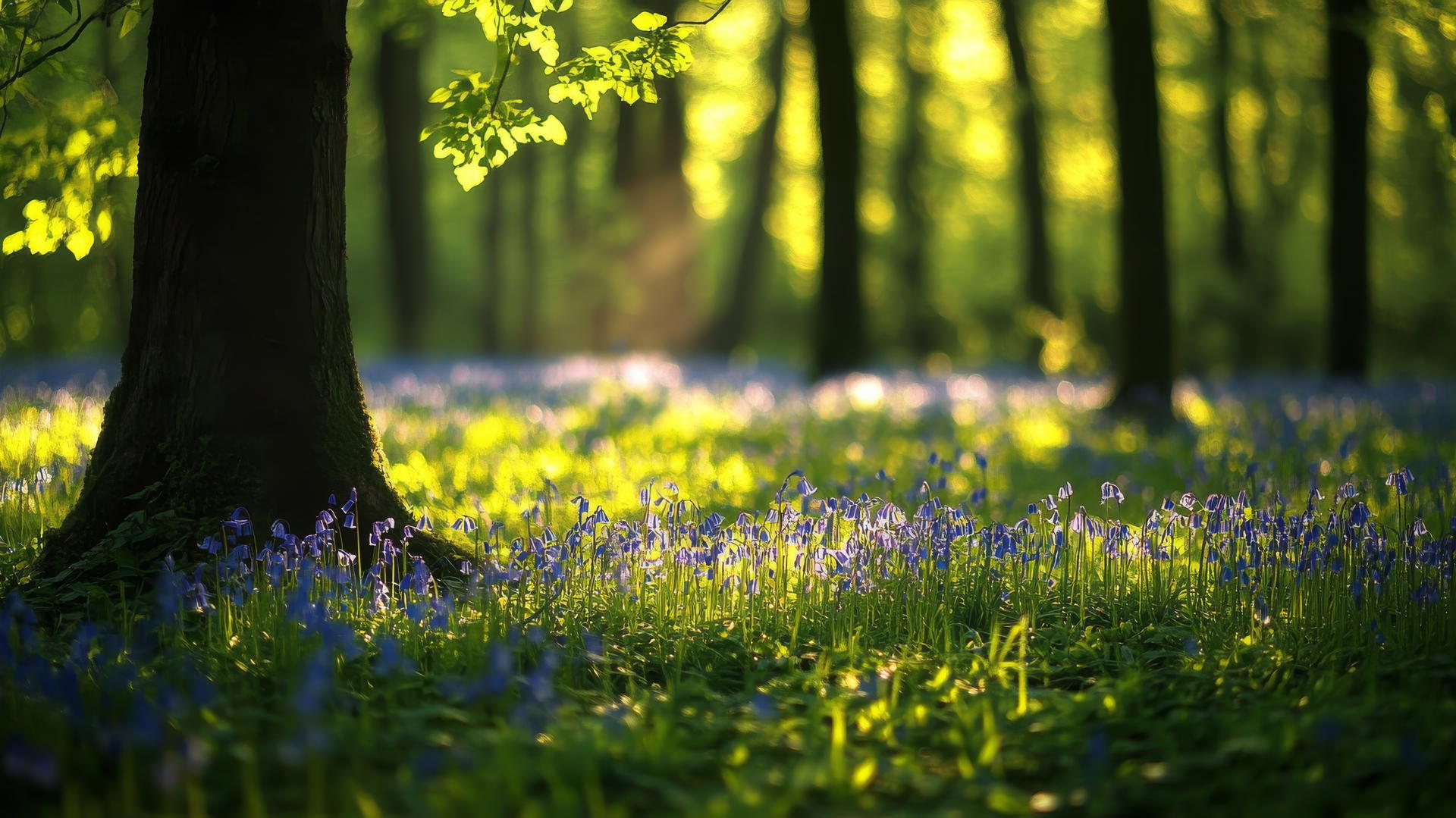 flower nature wallpaper of a meadow with bluebells under trees