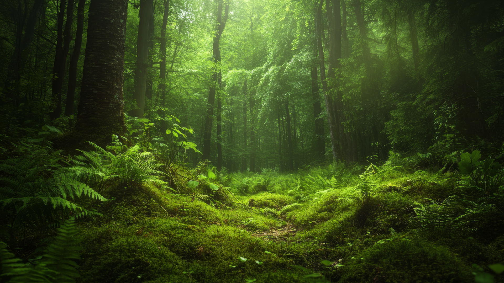nature aesthetic wallpaper of a lush forest floor with moss and ferns