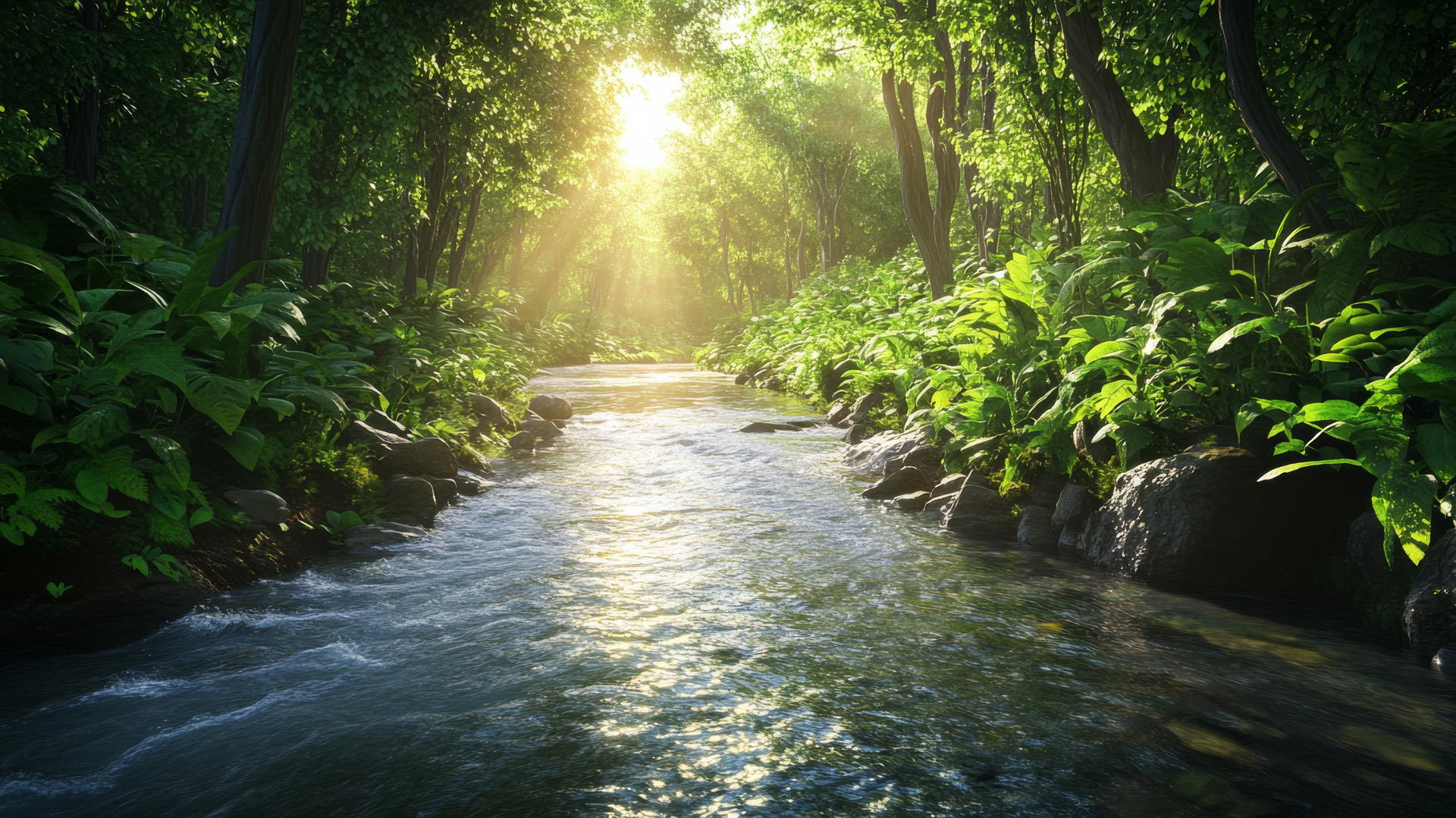 Beautiful nature wallpaper 4K with a crystal-clear river, dense forest, and sparkling sunlight