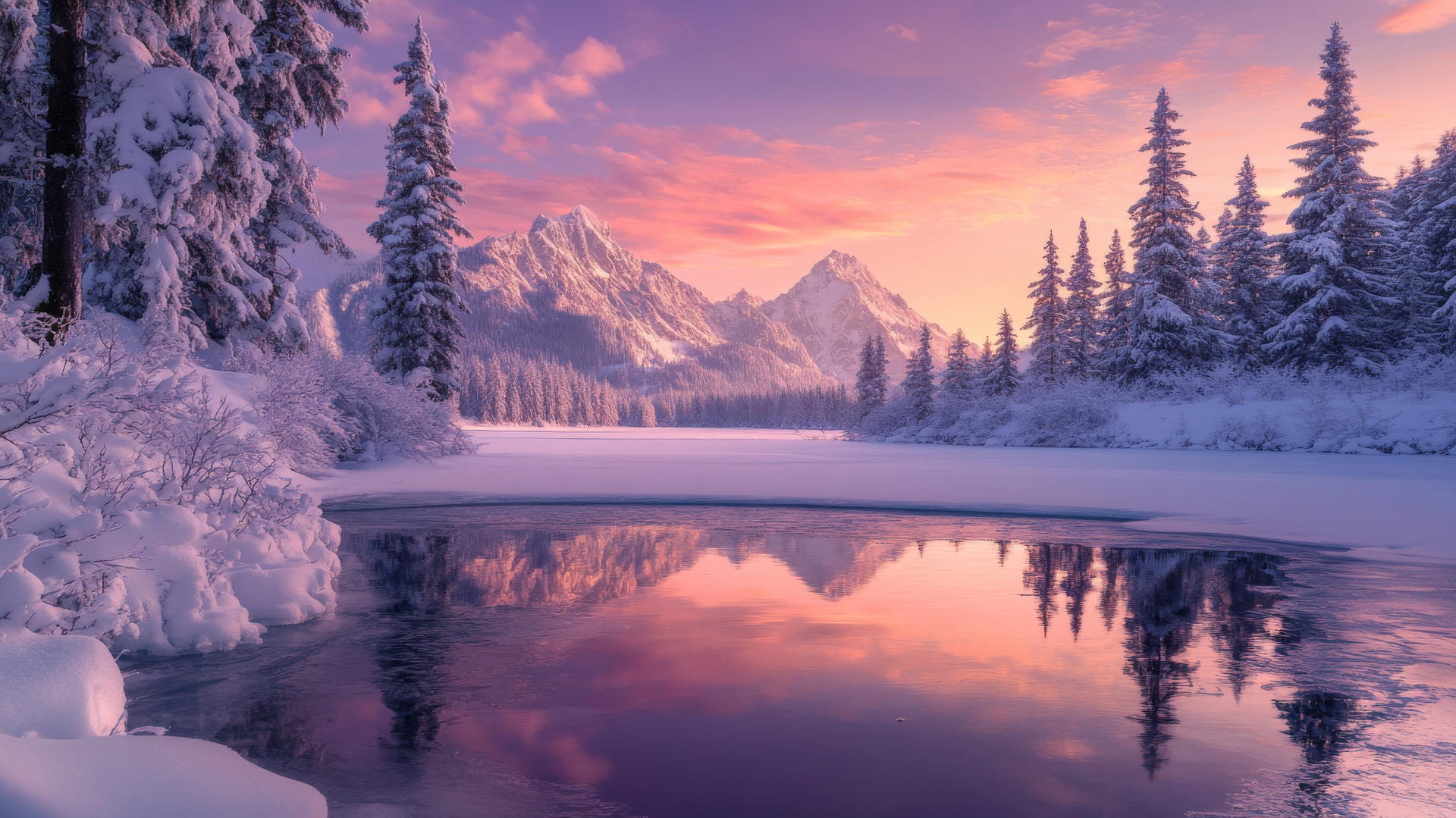 beautiful nature wallpaper 4k with snow-covered landscape, frozen lake, pine trees, pink and purple sunset