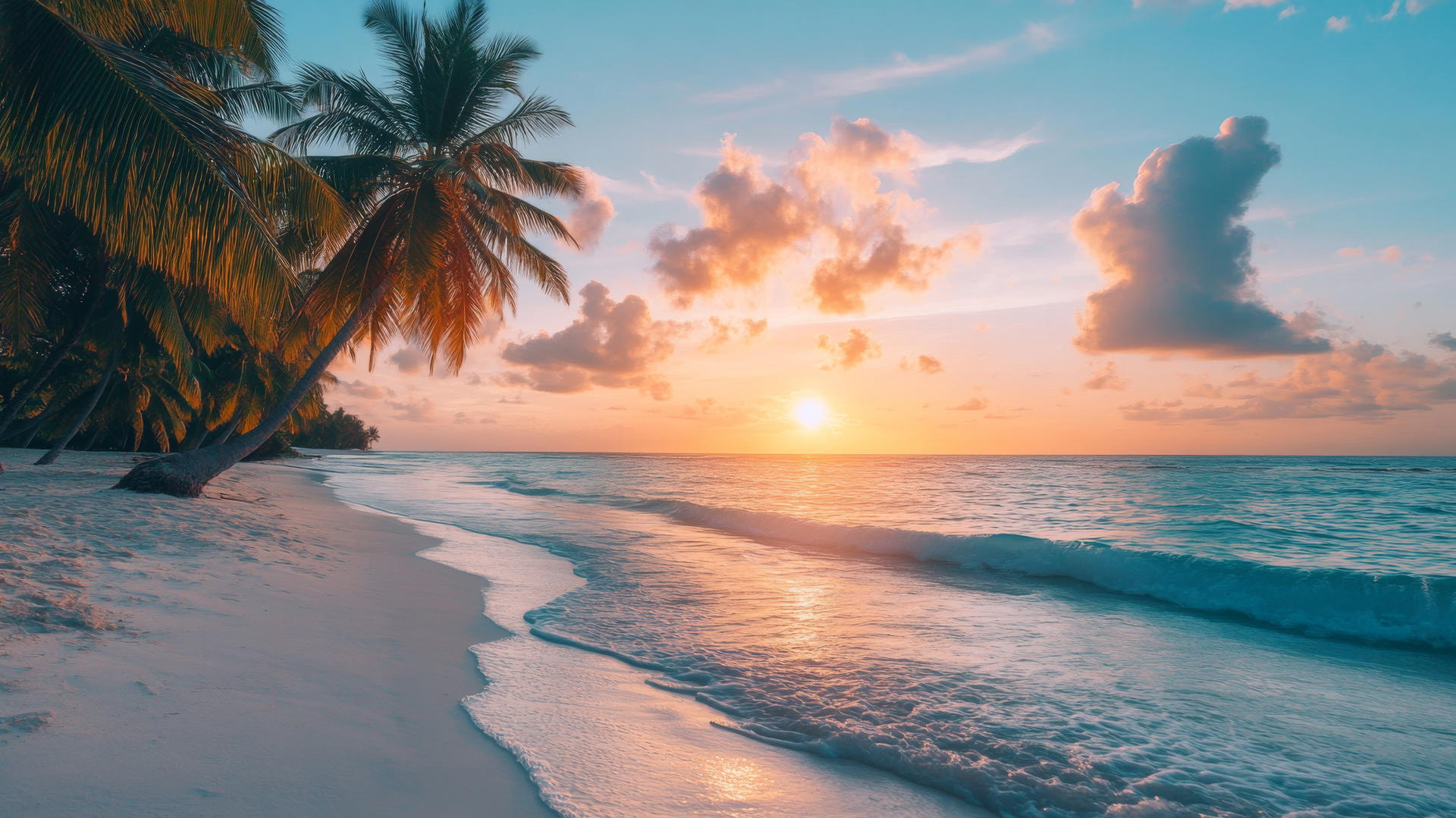beautiful nature wallpaper 4k with tropical beach, turquoise waters, white sand, and sunset