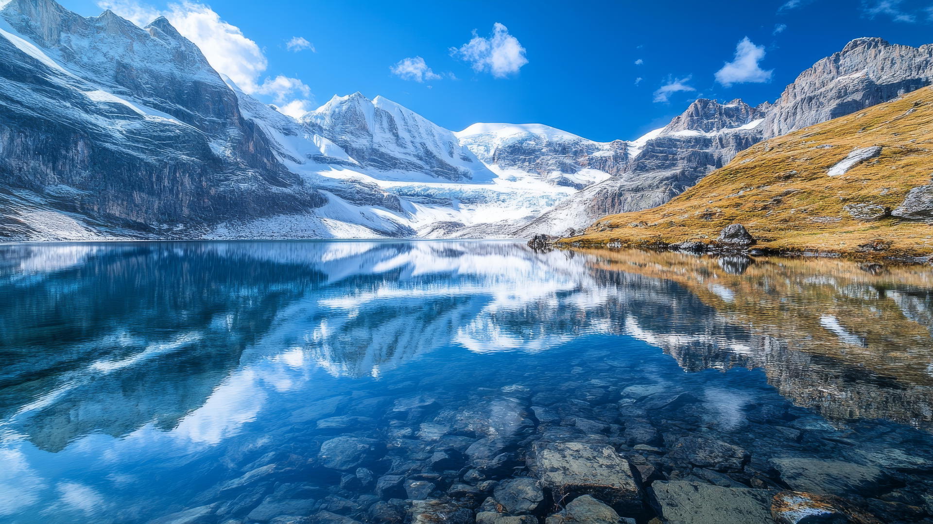 beautiful nature wallpaper 4k, crystal-clear alpine lake reflecting snow-capped mountains under bright blue sky