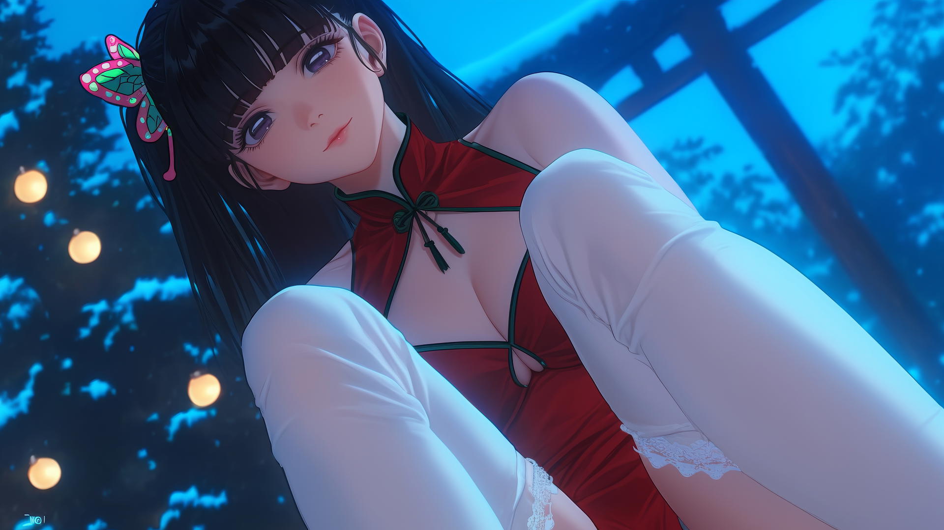 Kanao Tsuyuri wearing a Christmas red outfit, kneeling with a ceiling background, seen from below