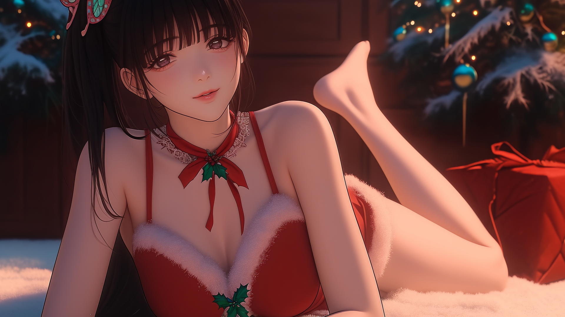 Kanao Tsuyuri in Christmas attire, kneeling with warm light, seen from below.
