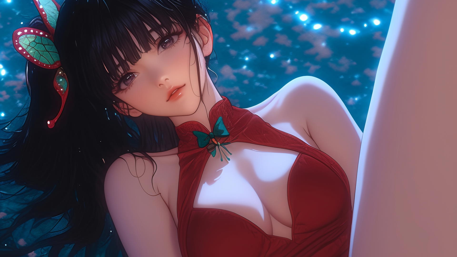 Kanao Tsuyuri from Demon Slayer in a red Christmas outfit, kneeling, viewed from below with ceiling background.