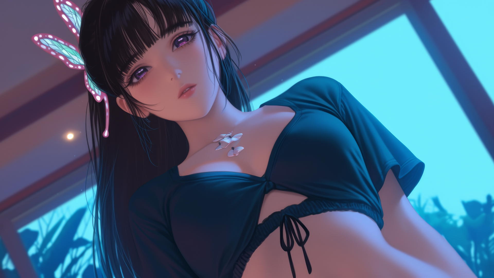 Kanao Tsuyuri kneeling, viewed from below, in warm light with ceiling background.