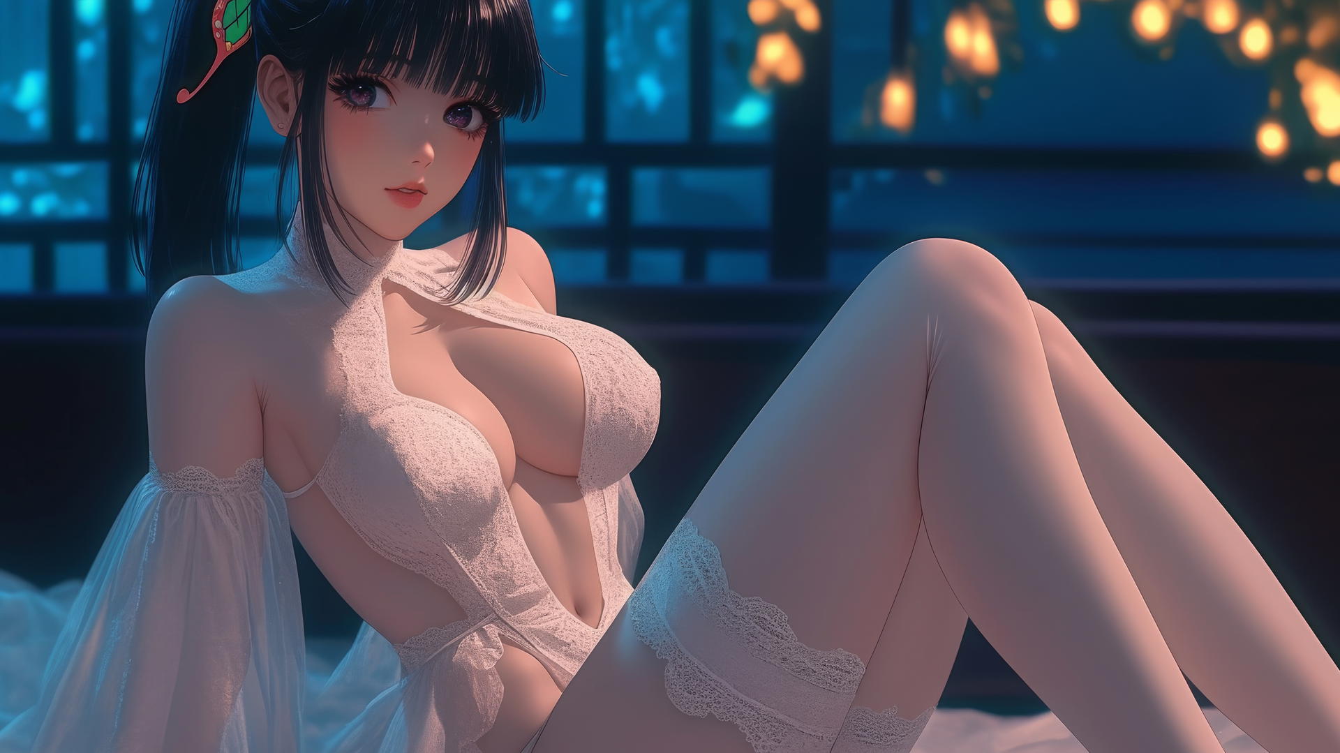 Kanao Tsuyuri in wedding dress at modern hotel, warm light highlighting her legs