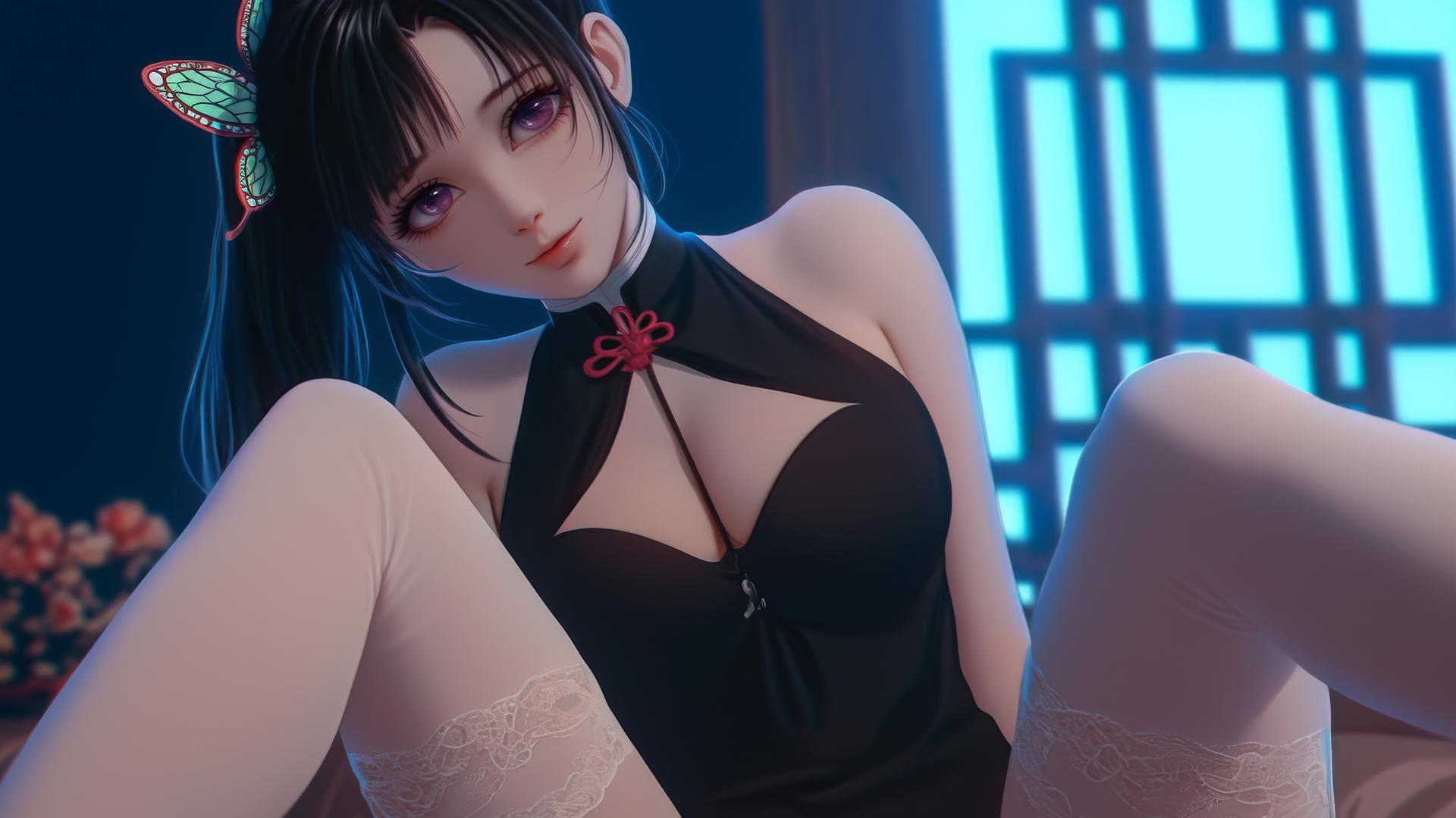 Kanao Tsuyuri from Demon Slayer in a modern hotel with soft light highlighting her figure and legs.